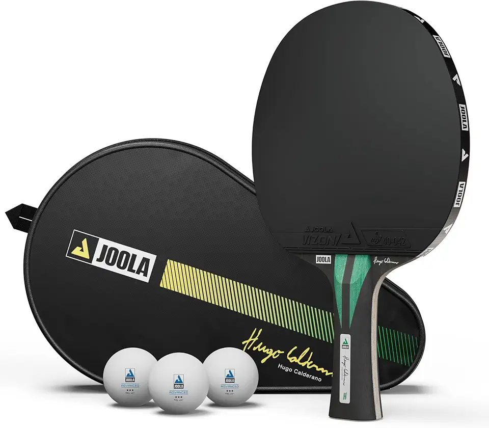 JOOLA Conjunto de raquete de tênis de mesa Hugo Calderano Carbon Pro – Inclui raquete de nível de competição com borrachas mícron aprovadas pela ITTF e lâmina de fibra de carbono, bolas de torneio 3