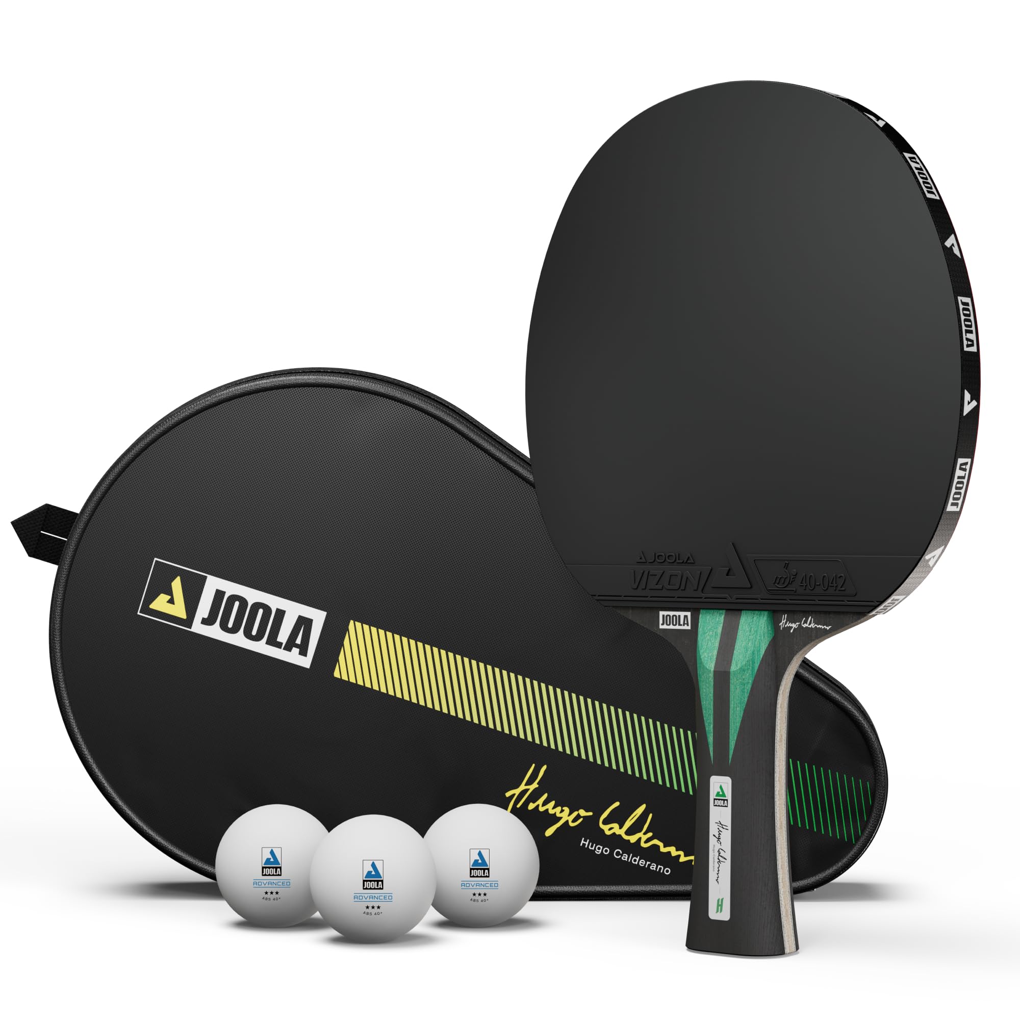 JOOLA Hugo Calderano Carbon - Raqueta de ping pong (incluye 3 pelotas de ping pong + funda, aprobado por la ITTF, revestimiento Vizon), color negro y verde