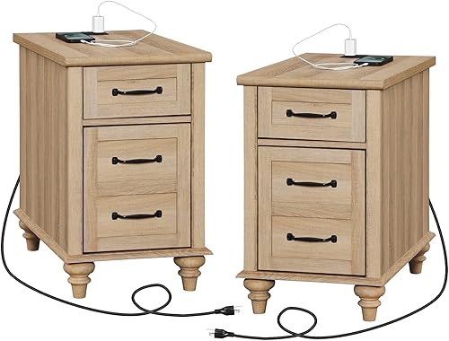 Miniatura 9 de WAMPAT Paquete de 2 mesas auxiliares modernas con estación de carga, mesa auxiliar de sofá con armario de almacenamiento para sala de estar, mesita