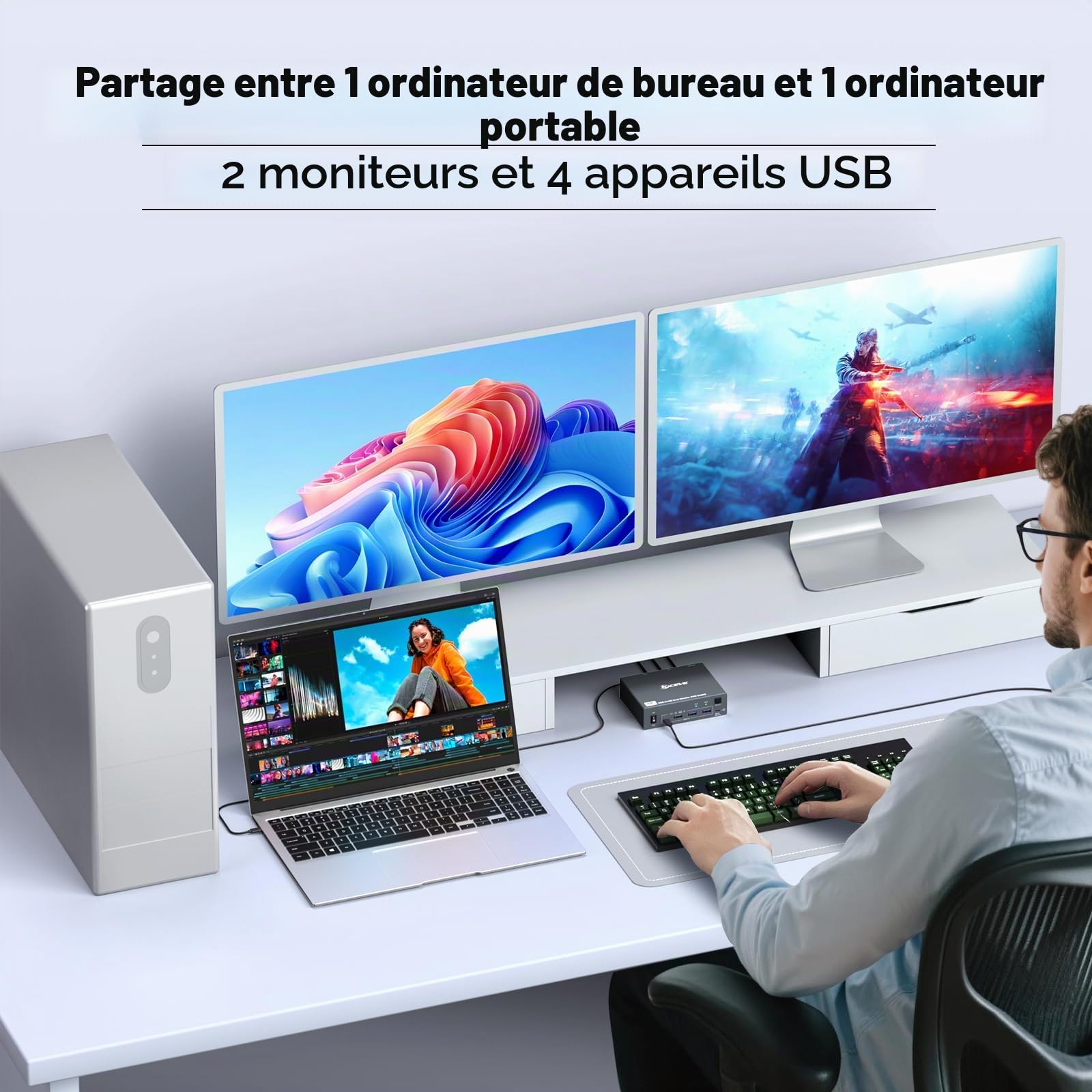 KVM Switch 2 Moniteurs 1 Bureau 1 Ordinateur Portable 4K@60Hz,Station d'accueil de Commutateur KVM à Double Moniteur 7 en 1, Expand 2 écrans HDMI, 4xUSB 3.0, PD 80W, Câble USB-C Inclus