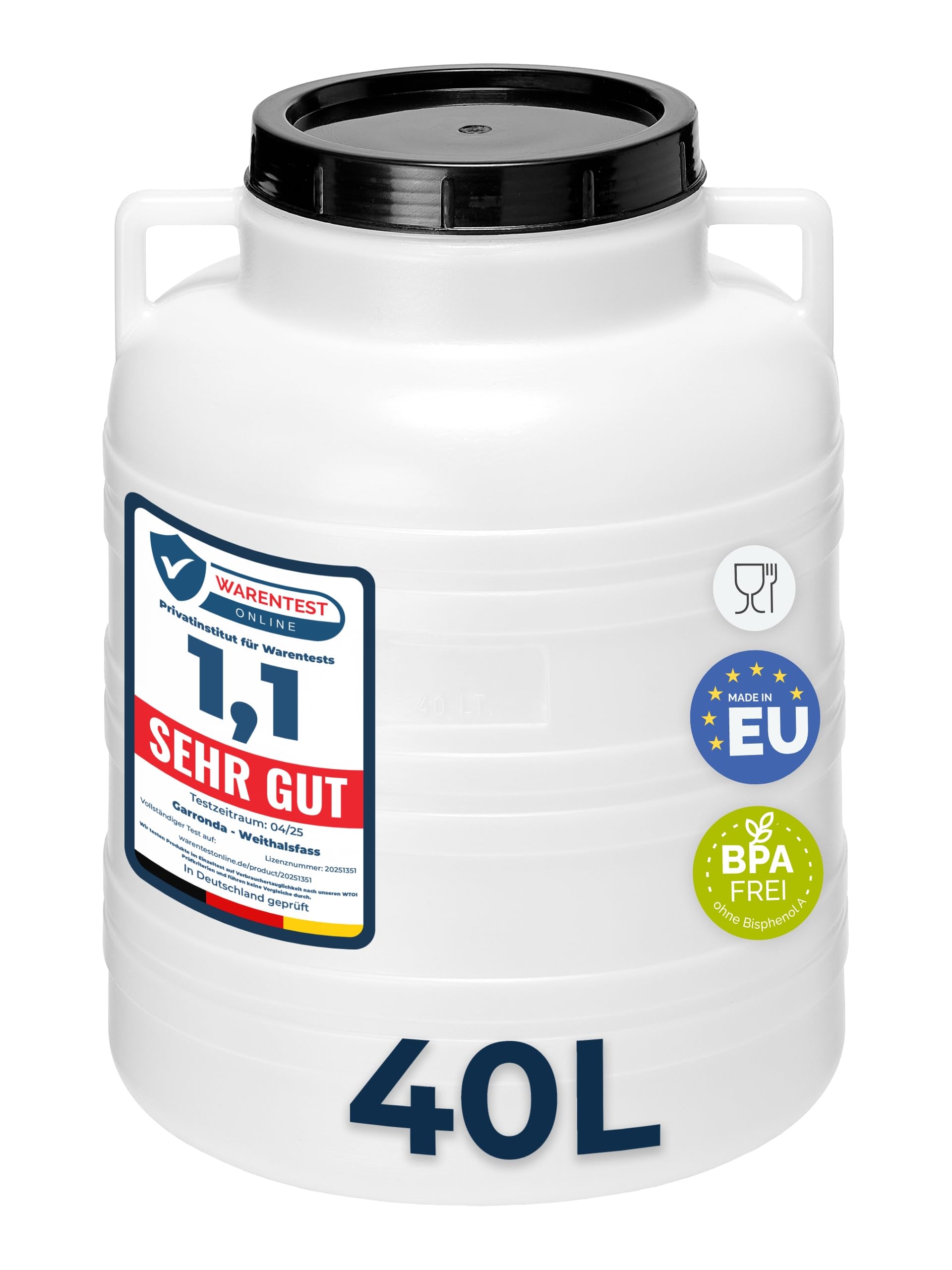 Garronda 40 Liter Weithalsfass aus BPA-freiem Futtertonne Fass Universalfass Lebensmittel Fass Regenfass für Garten Regentonne mit Deckel Regenwassertonne für Garten Wassertonne GD-0078, Weiß
