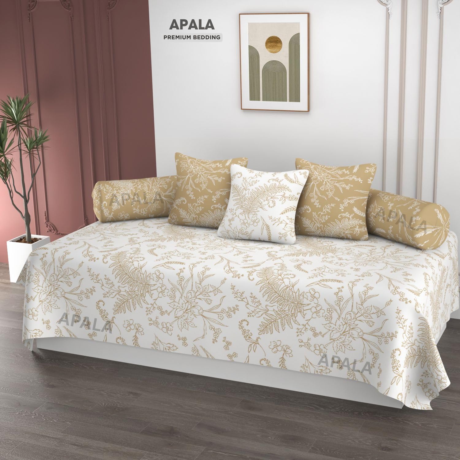 APALA Super Soft Cotton Floral diwan Set for Living Room, diwan Set Covers Cotton, diwan Set 6 Pieces One Single Bedsheet with 3 Cushion Cover,2 Bolster (White(Gold Print))-image-23