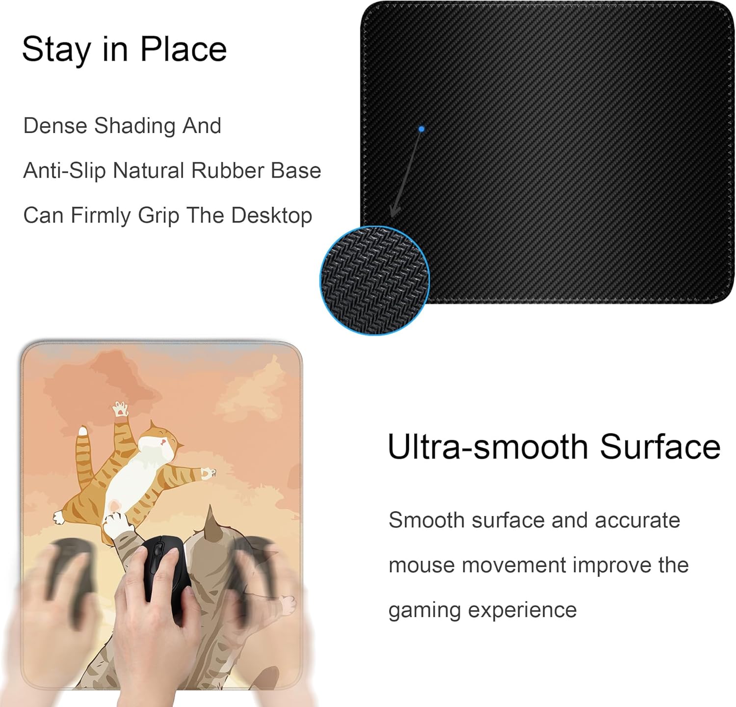 Cute Cat Square Mouse Pad,Orange and Brown Cat Mouse Pads for Wireless Mouse Desk Accessories,10"X8"Travel Mousepad with Non-Slip Rubber Base, Stitched Edge Mouse Pads for Desk,Computers,Laptop,Office - Image 5