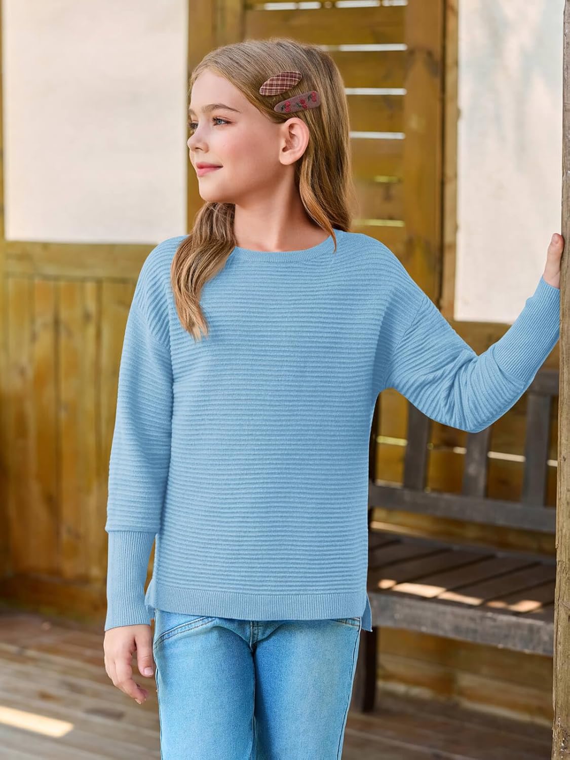 Haloumoning Girls Fall Sweater Kids Fashion Long Sleeve Ribbed Knit Split Pullover Tops 5-14Y - Image 3