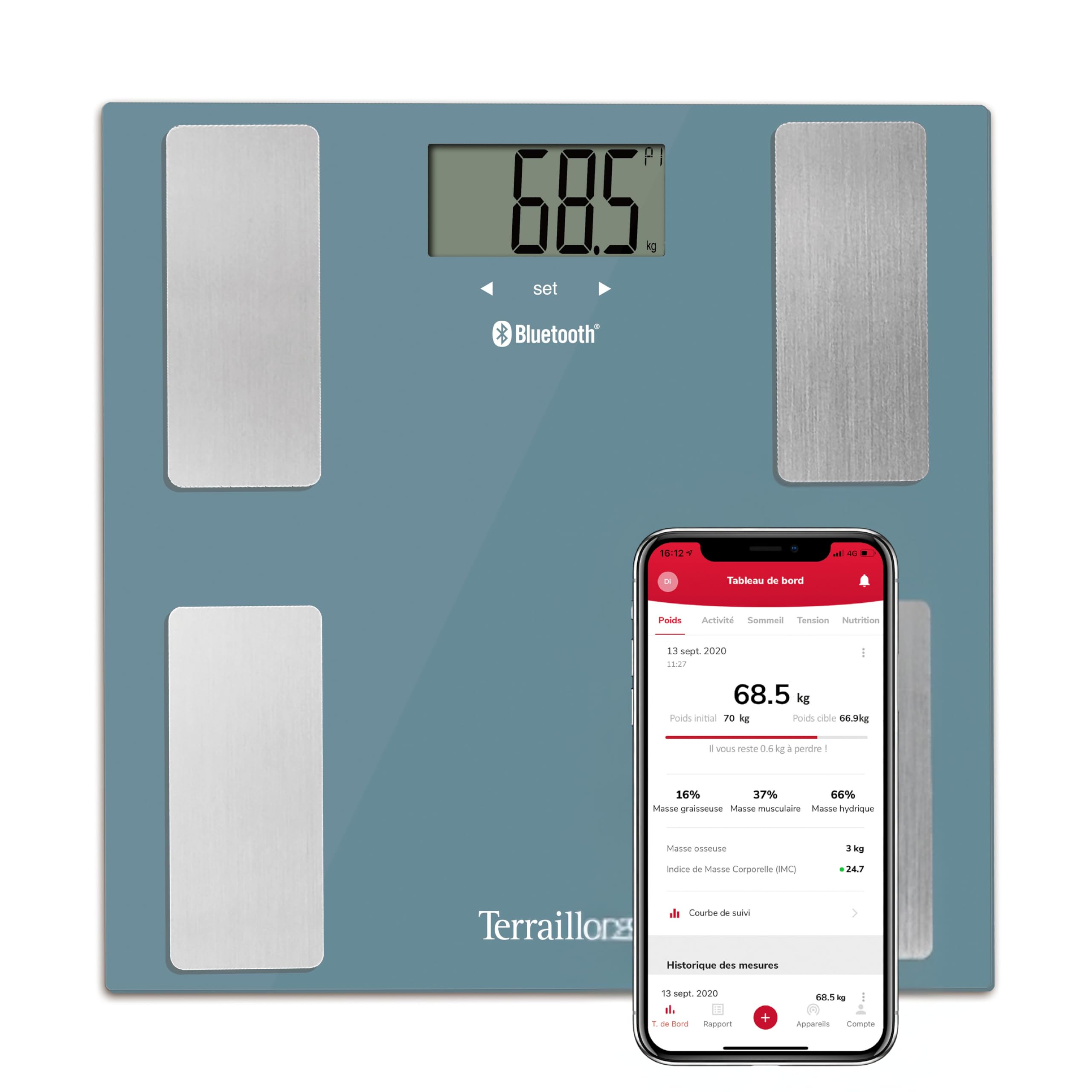 TERRAILLON -SMART CONNECT, Bluetooth PersonenWaage - Körperanalyse Gewicht und BMI, Körperfettwaage, Bis zu 8 Benutzer - Petrol Blau