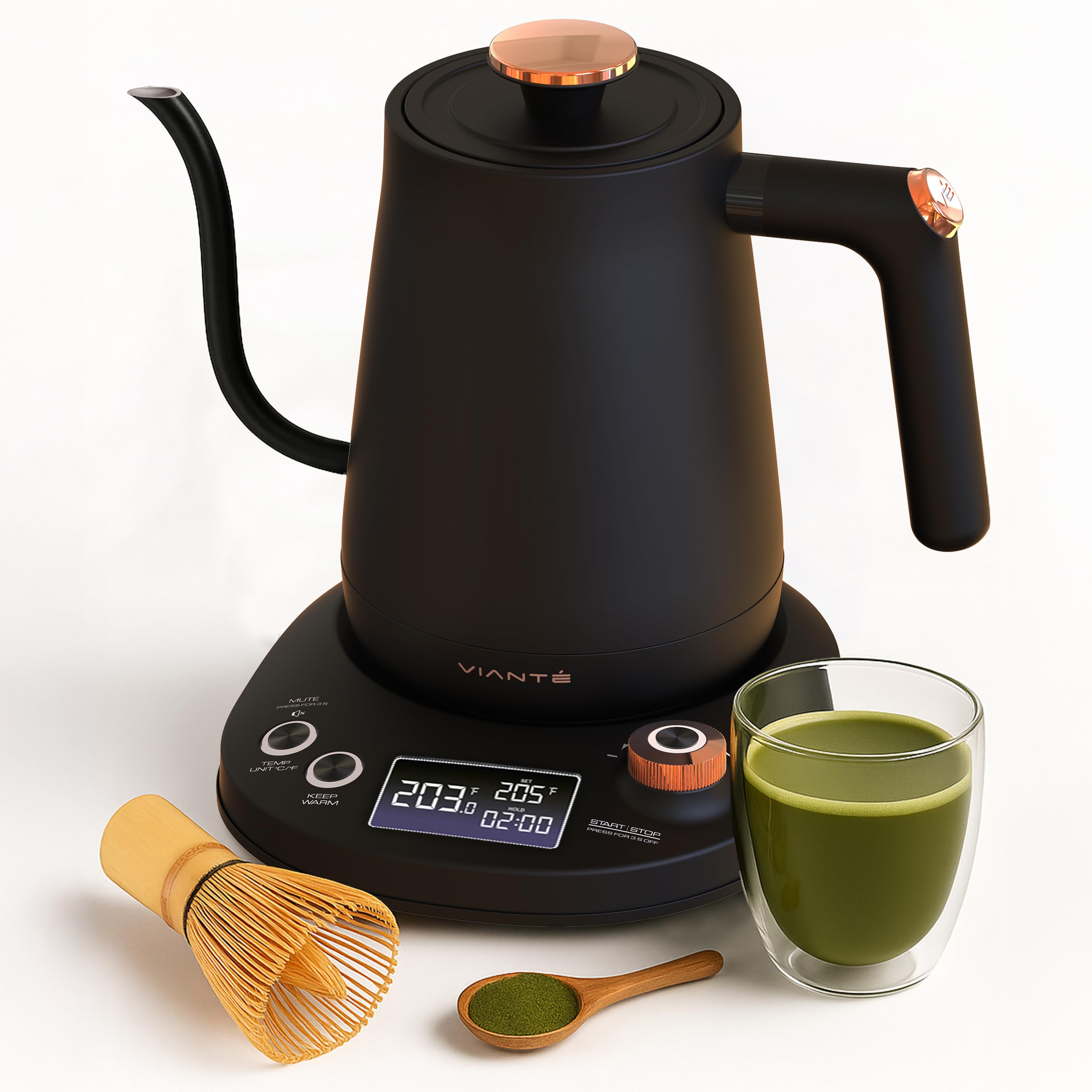 Vianté Electric Gooseneck Kettle with Precise Temperature Control. Pour Over Coffee & Tea Kettle. Boil-Dry Protection & Keep Warm Function. Stainless Steel, BPA-Free. Includes V60#2 Filters. 0.8L