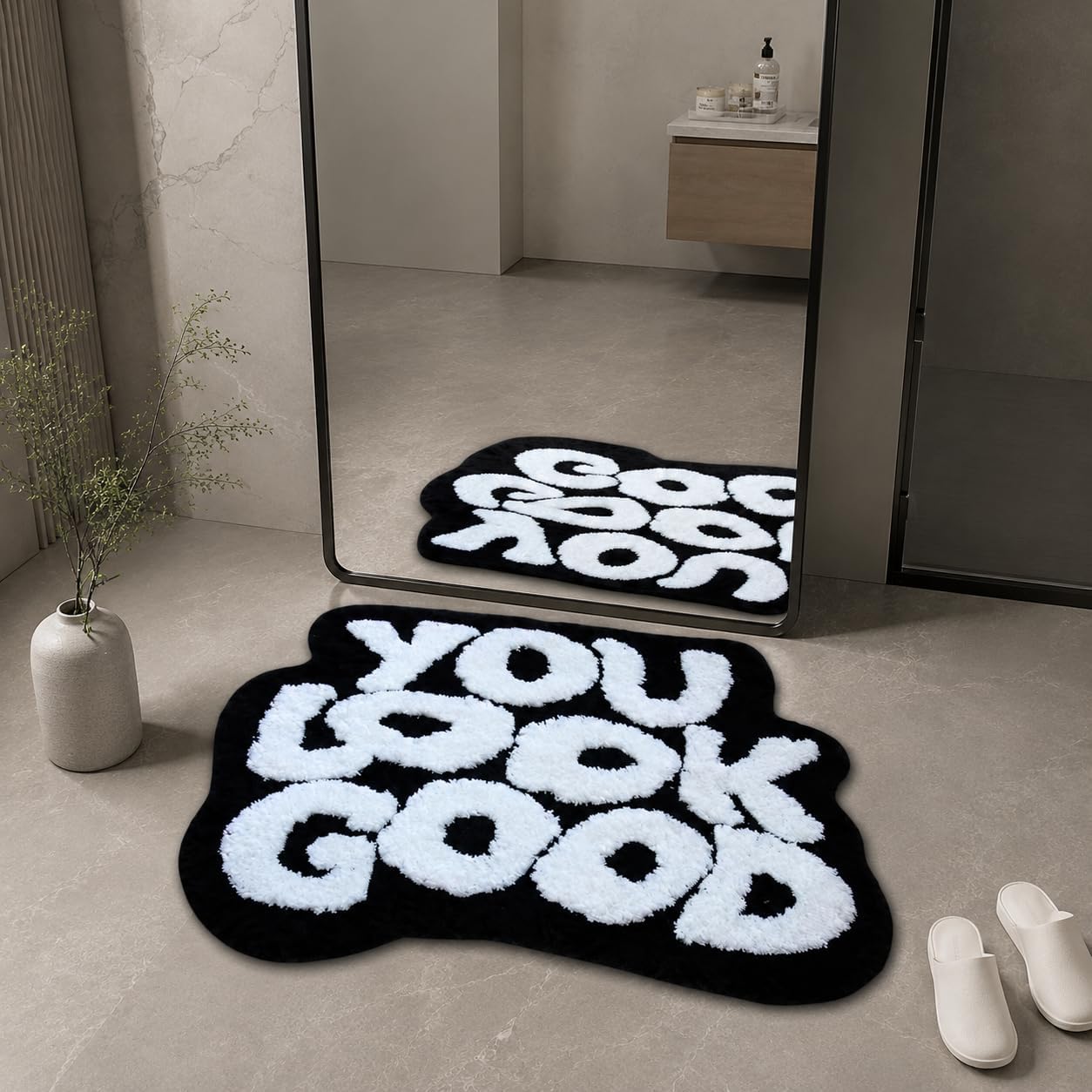 Bathroom Rug Mat 25"x21": Funny Aesthetic Tufted Bath Rug, Soft Absorbent Microfiber Bath Carpet with Non-Slip Rubber Backing; Machine Washable Bath Mat for Tub Shower, 2.1'x1.75', Black White