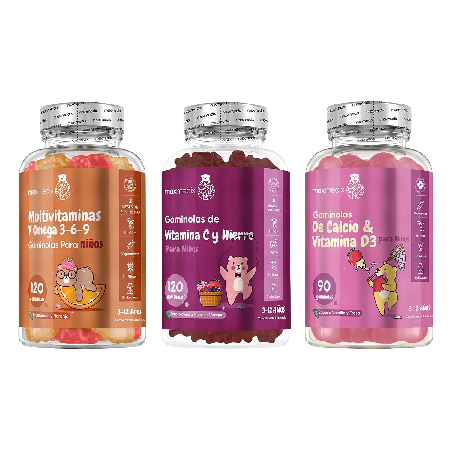 Con Omega 3-6-9, Hierro con Vitamina C y Calcio con Vitamina D3 - Pack de Gominolas Masticables - Sin Gluten ni OGM