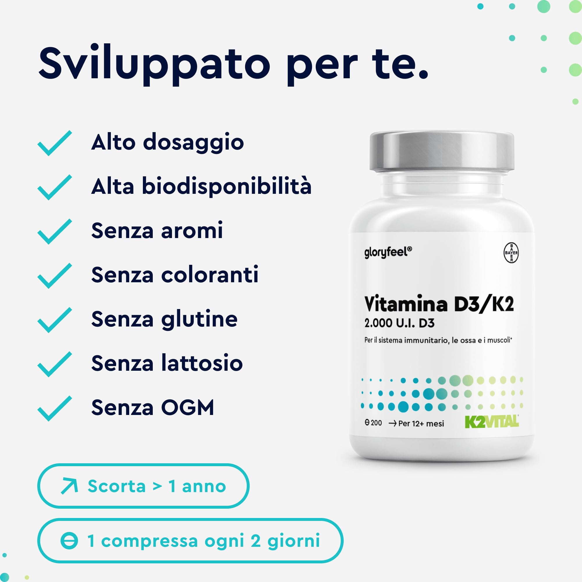Vitamina D3 + K2 ad alto dosaggio - 200 compresse - Premium: K2VITAL® di Kappa - 99,7% di vitamina K2-MK7 trans + 2000 UI di D3 (1 ogni 2 giorni) - Prodotto di Germania analizzato in laboratorio