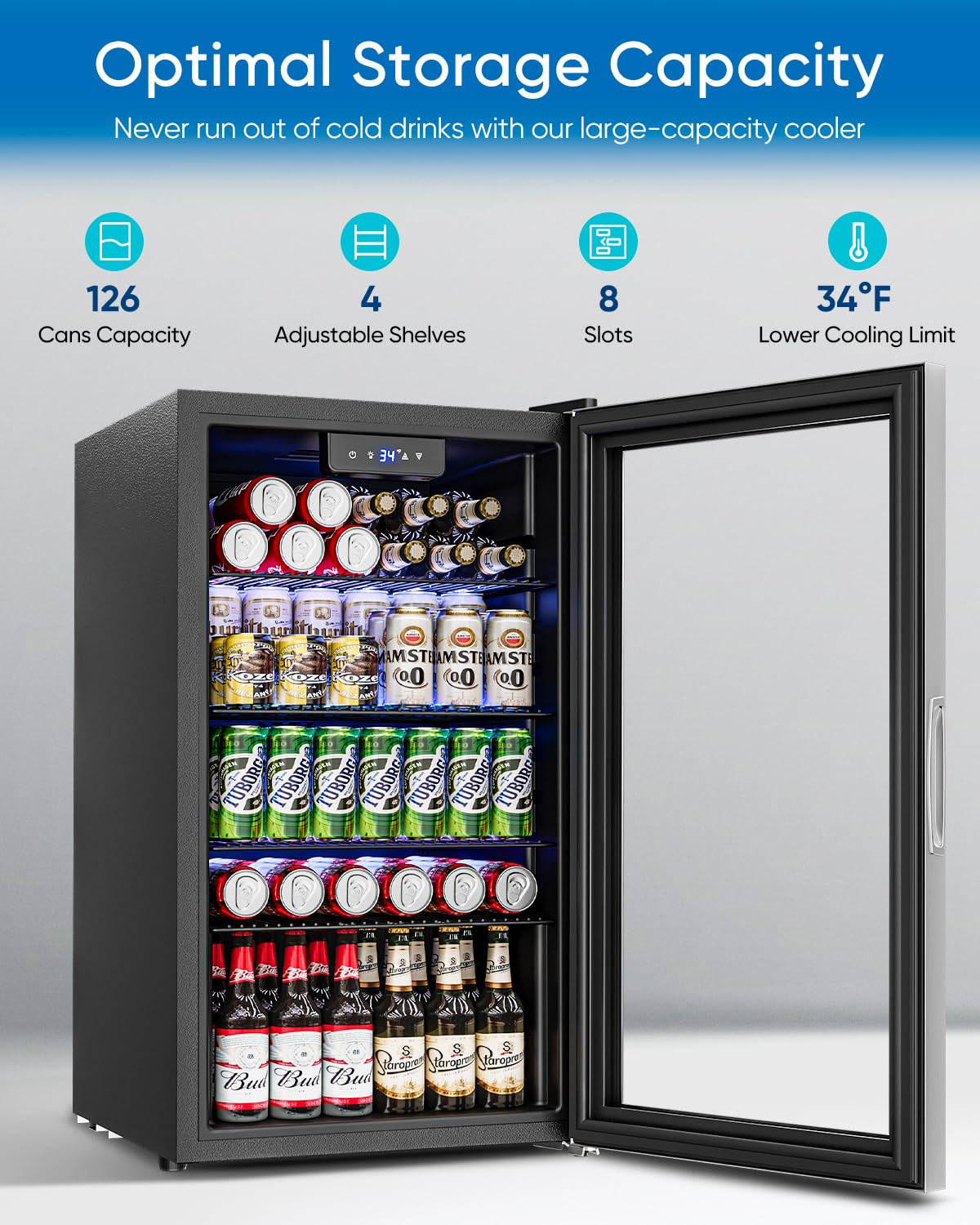Feelfunn 3.2 Cu.Ft Mini Fridge With Glass Door - 126 Can Beverage Refrigerator Cooler For Drink Beer Wine Soda, Small Refrigerator For Bedroom Office Bar Dorm, 4 Adjustable Shelves, Silver on Fridge.com - View 2