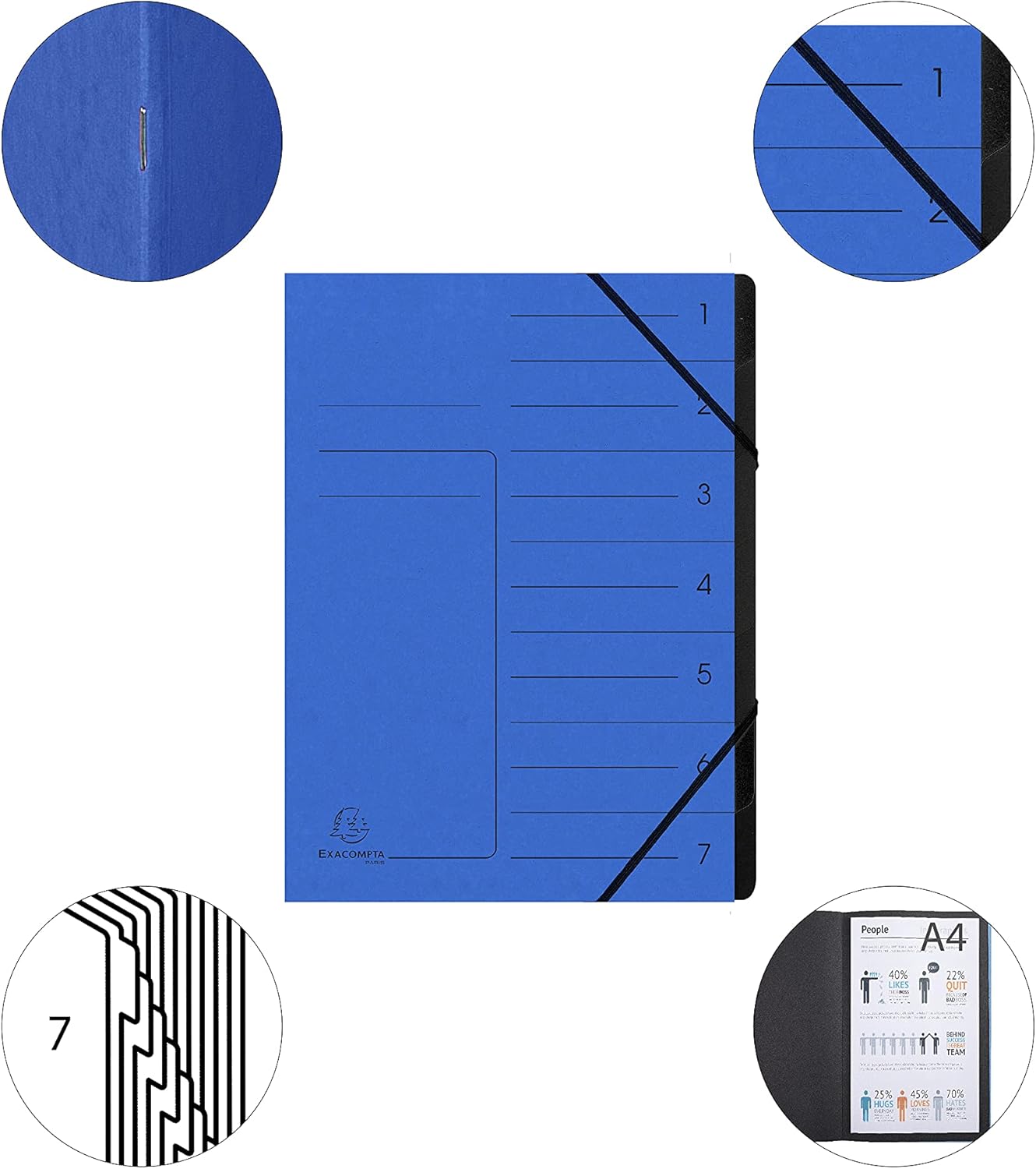 Exacompta A4 Elasticated Pressboard Multipart File 7 Sections Blue