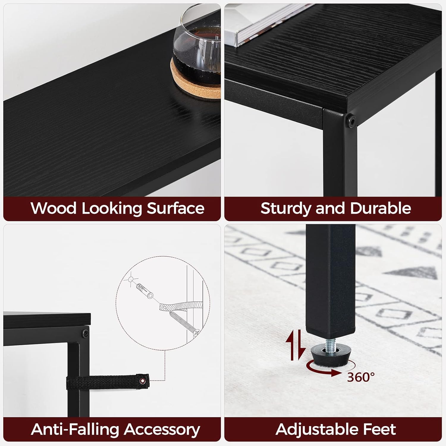 MAHANCRIS Console Table with Power Outlet, 180 CM Narrow Sofa Table, Industrial Entryway Table with USB Ports, Behind Couch Table for Entryway, Hallway, Living Room, Bedroom, Black ACTHB18KE01N1