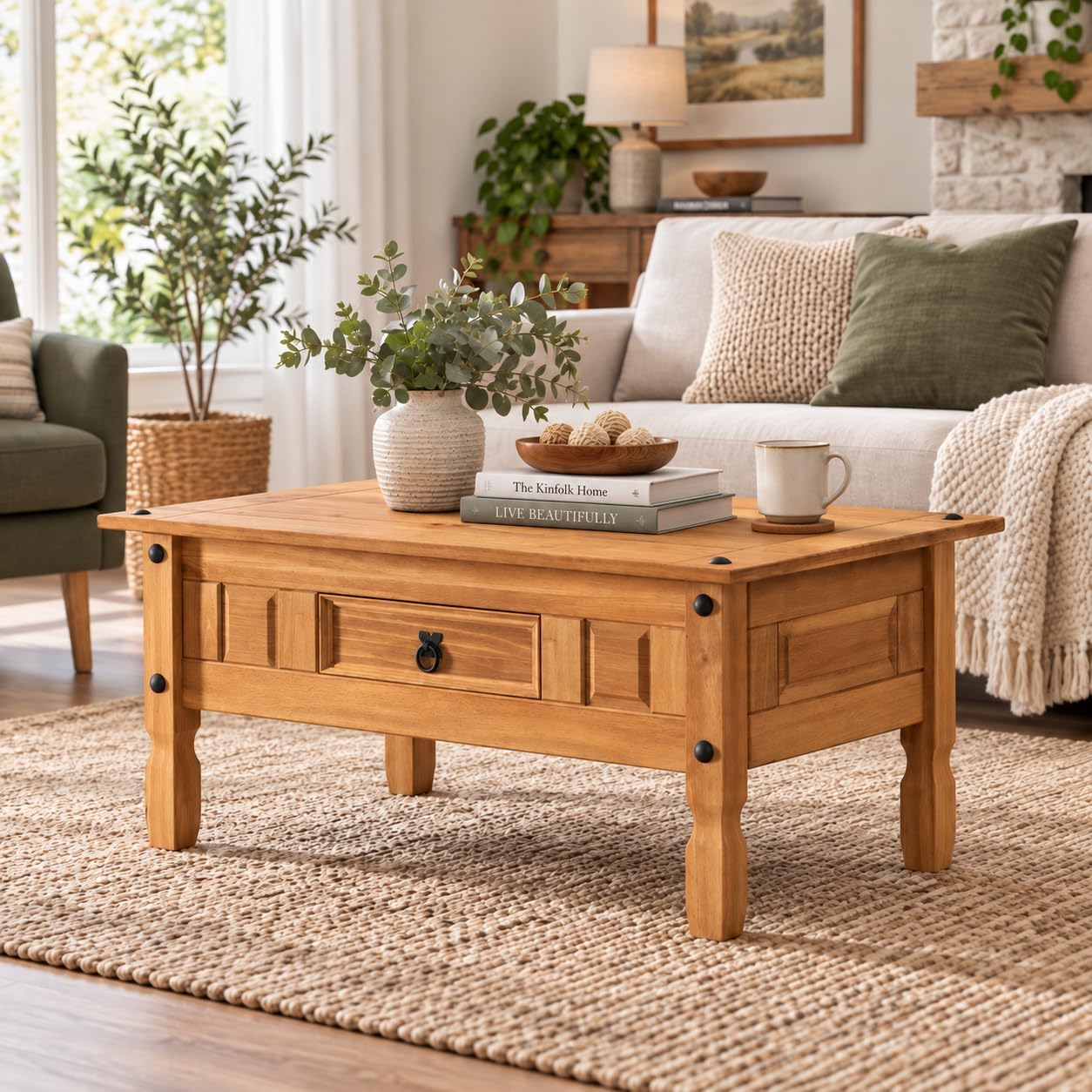 Corona Coffee Table 1 Drawer, Mexican Waxed Pine Solid Wood