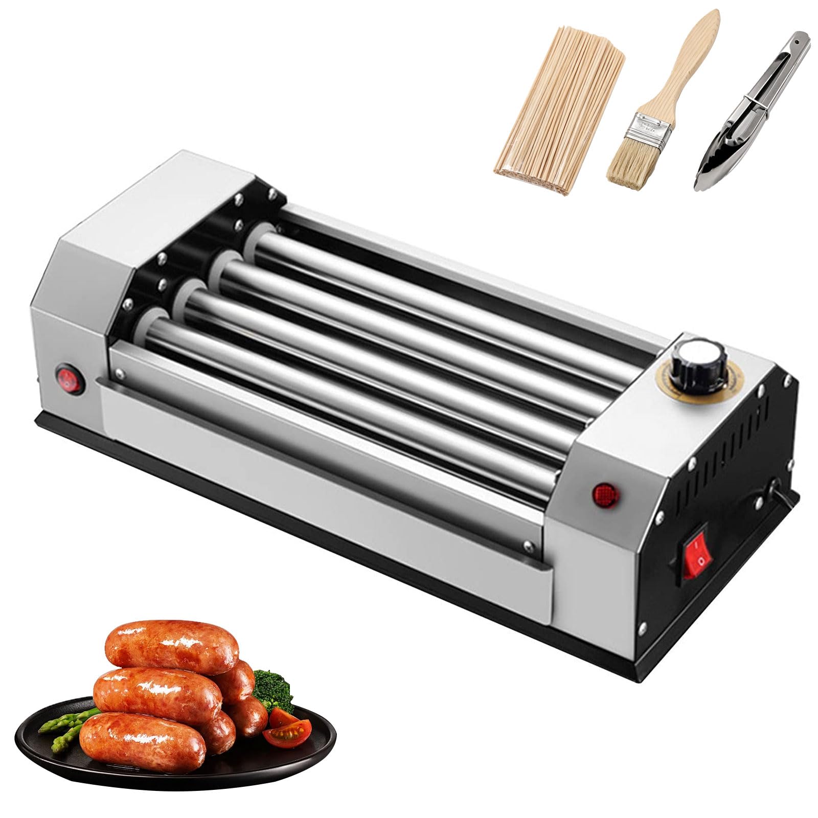 Máquina de Rodillos para Perritos Calientes de 600W, Cocedor de Salchichas con Temperatura Ajustable de 0 a 250℃ y 4 Rodillos Antiadherentes, Parrilla de Salchichas de Acero Inoxidable para Sna Black