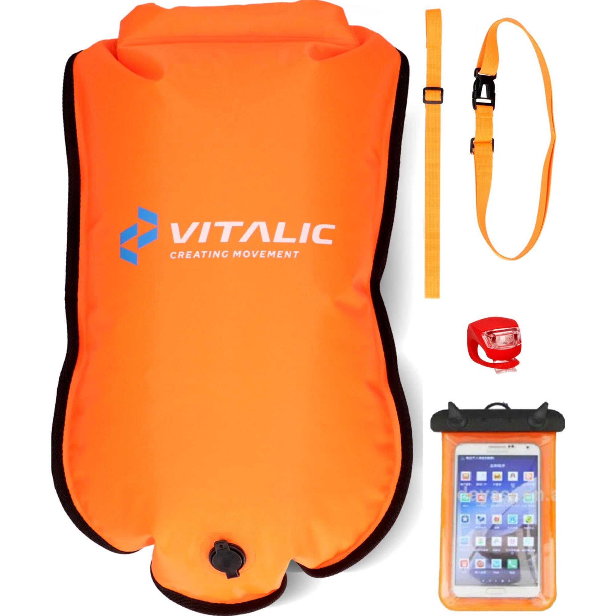 Bouée de natation gonflable avec lumière et étui de téléphone - Flotteur flottant pour la natation en eau libre et le triathlon en toute sécurité - Sac de natation étanche avec sac isotherme