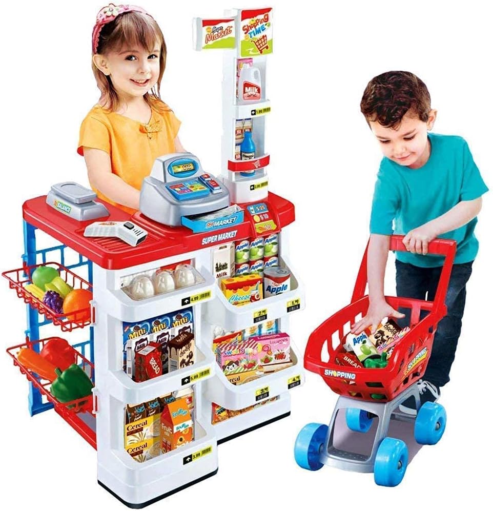 REAVIAN® Big Size Supermarket Kit for Kids, Super Market Set Toy with Shopping Cart and Sound Effects, Pretend Play Kitchen Set Kids Toys for Boys and Girls (Home Super (RED)