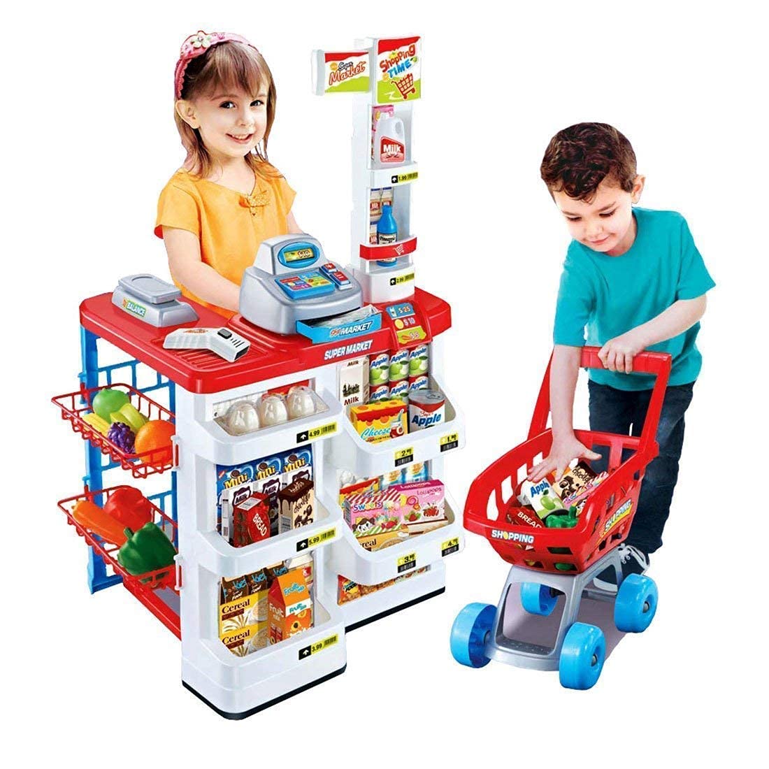 REAVIAN® Big Size Supermarket Kit for Kids, Super Market Set Toy with Shopping Cart and Sound Effects, Pretend Play Kitchen Set Kids Toys for Boys and Girls (Home Super (RED)
