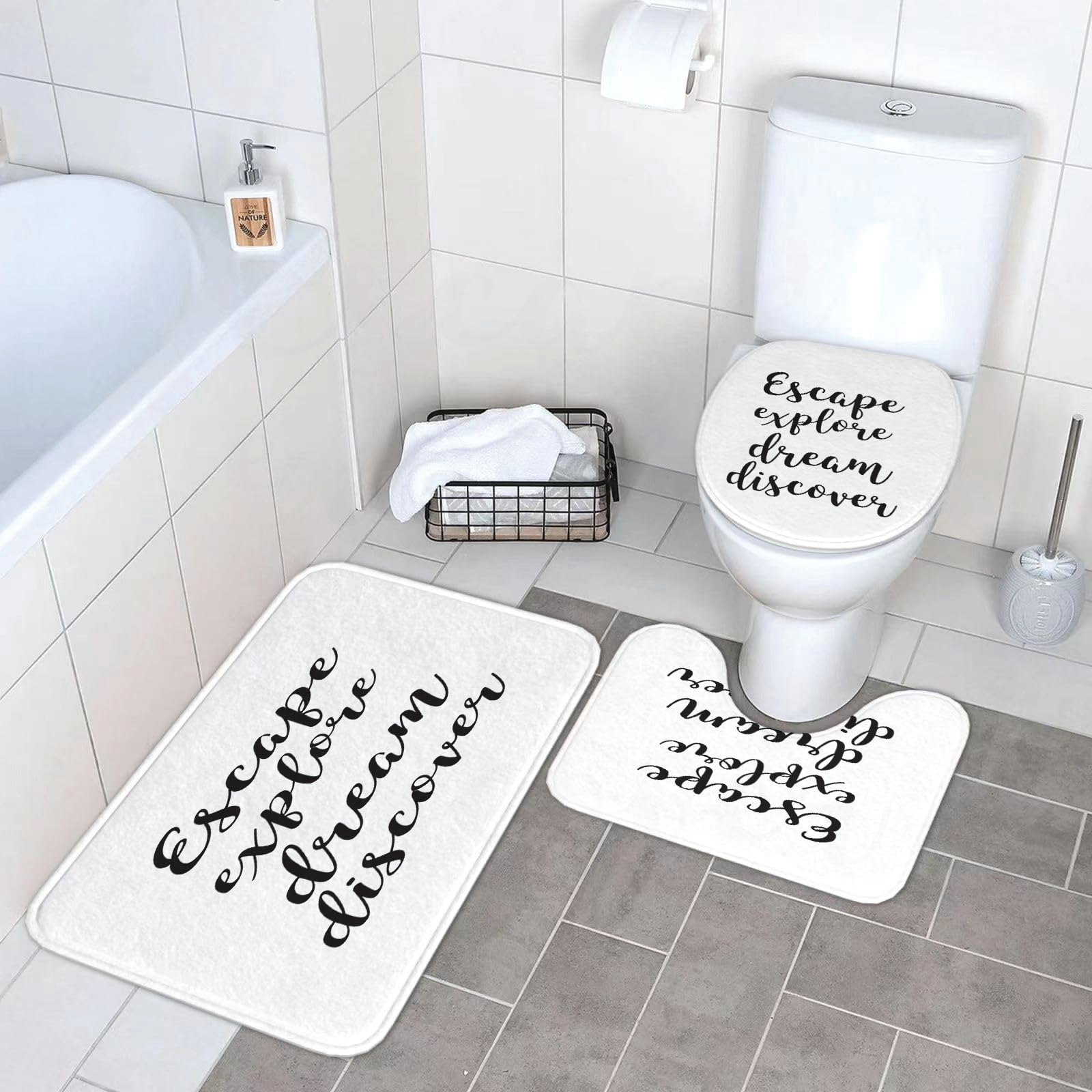 Set di 3 tappetini da Bagno, Lavabili in Lavatrice e Antiscivolo, tappetini in Morbida Fibra Superfine, Dolce, Citazione Escape Calligrafia Disegnata a Mano con Pennello Esplora