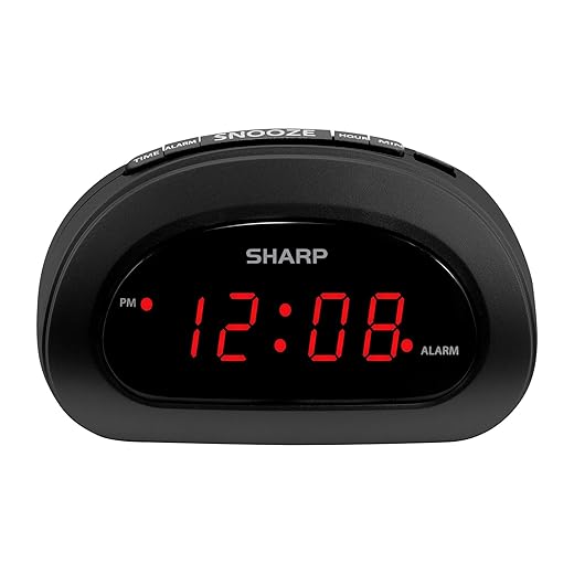 Sharp Small, Space Saving Digital Alarm Clock – Compact Bedside Clock with Large Red LED Display