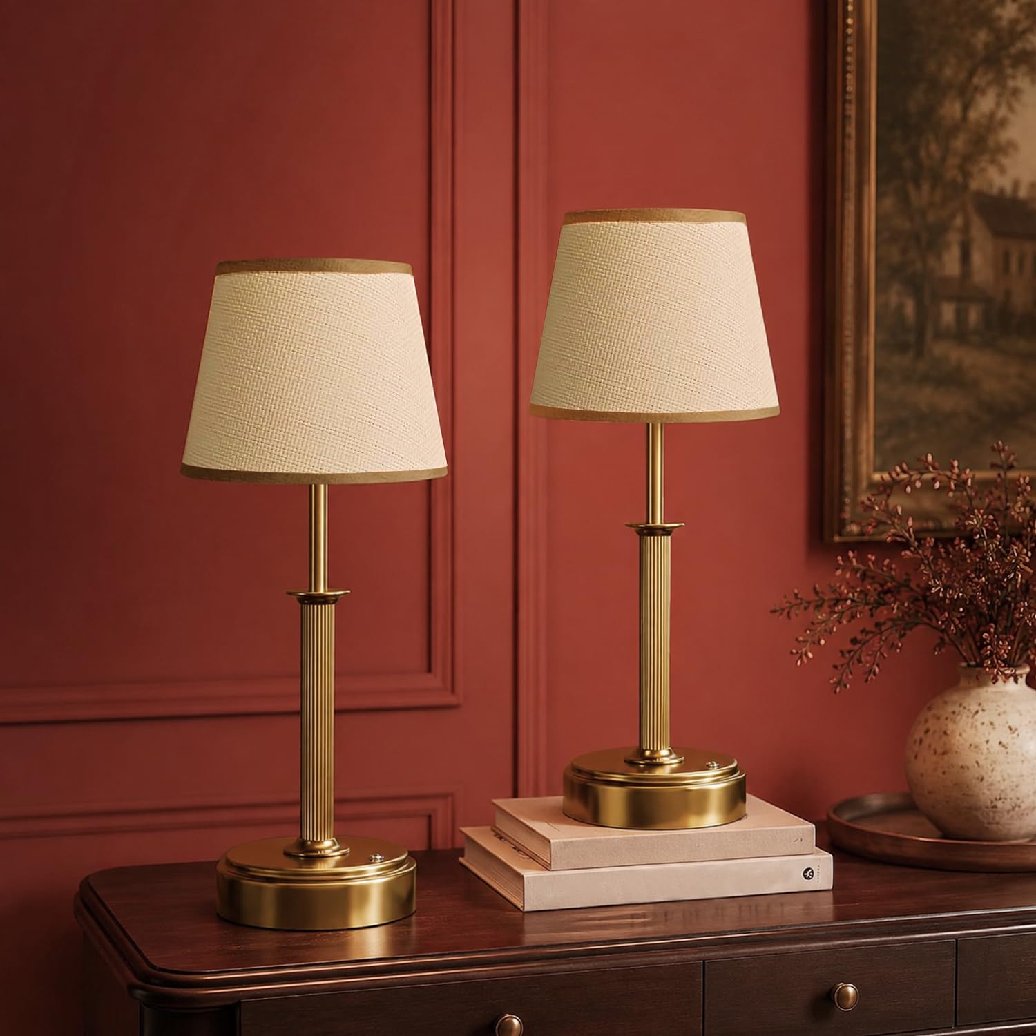 Luxcolyn Rechargeable Table Lamp, Battery Lamp with Off-White Rattan Lampshade, Warm Light Dimmable, Gold Cordless Table Lamps with Touch Control for Bedroom, Living Room, Home Office