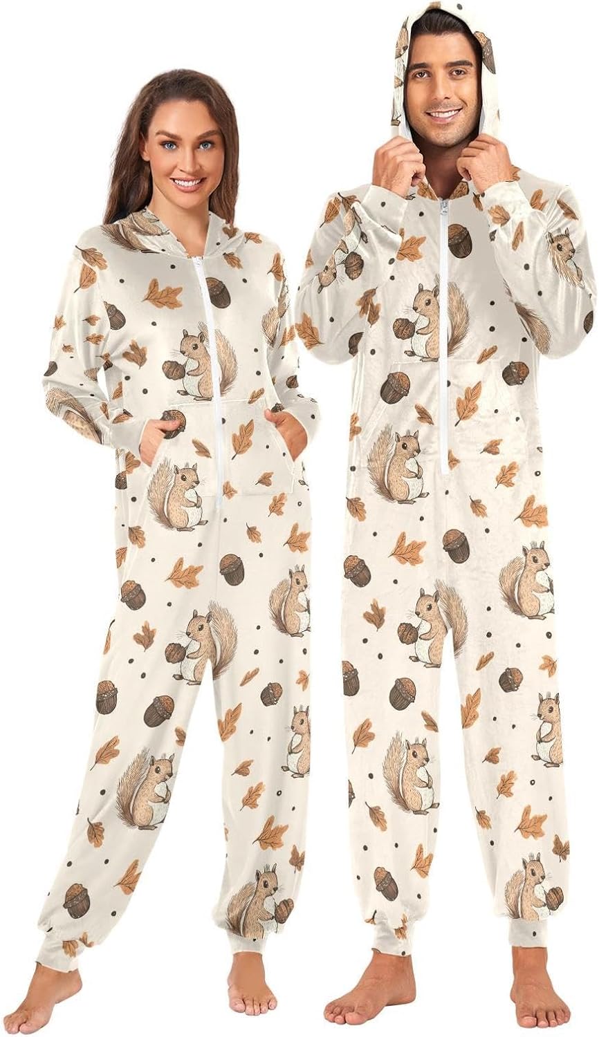 ZZKKO Cute Squirrel Pinecone Adult Onesie Pajamas for Women Men Cozy One Piece Pajamas Costume Zip-Up Hooded S-XL