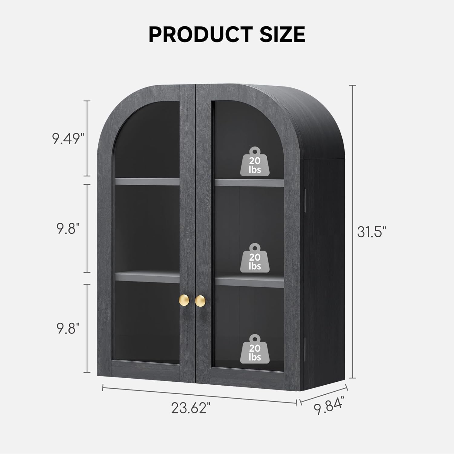 Arched Bathroom Wall Cabinet Over The Toilet Storage Cabinet, 23.6"x31.5" Wood Medicine Cabinet Wall Mounted with Glass Doors & Adjustable Shelf, Floating Wall Cabinet for Bathroom(Black)