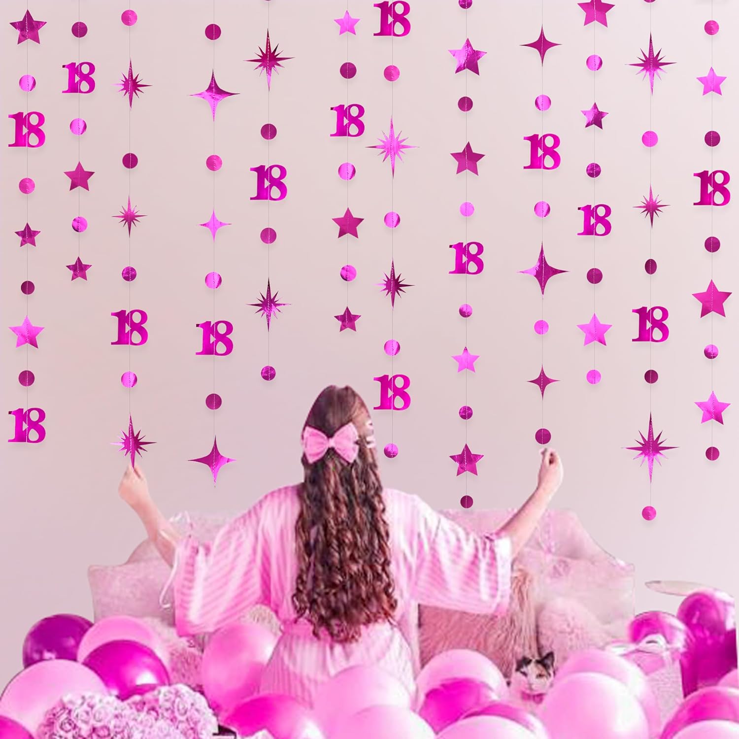 Hot Pink 18th Birthday Decorations Number 18 Circle Dot Twinkle Star Garland Metallic Streamer Banner Backdrop for Girls Happy 18th Birthday Time to Adult Cheers to 18 Years Old Anniversary Party - Image 3
