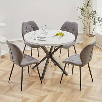 GrandCA HOME Juego de Mesa y Sillas de Comedor, Mesa de Comedor Redonda de 100 CM y 4 Sillas Modernas de Lino, para Comedor, Cocina, Sala de Estar (Mármol-B + Gris Oscuro)