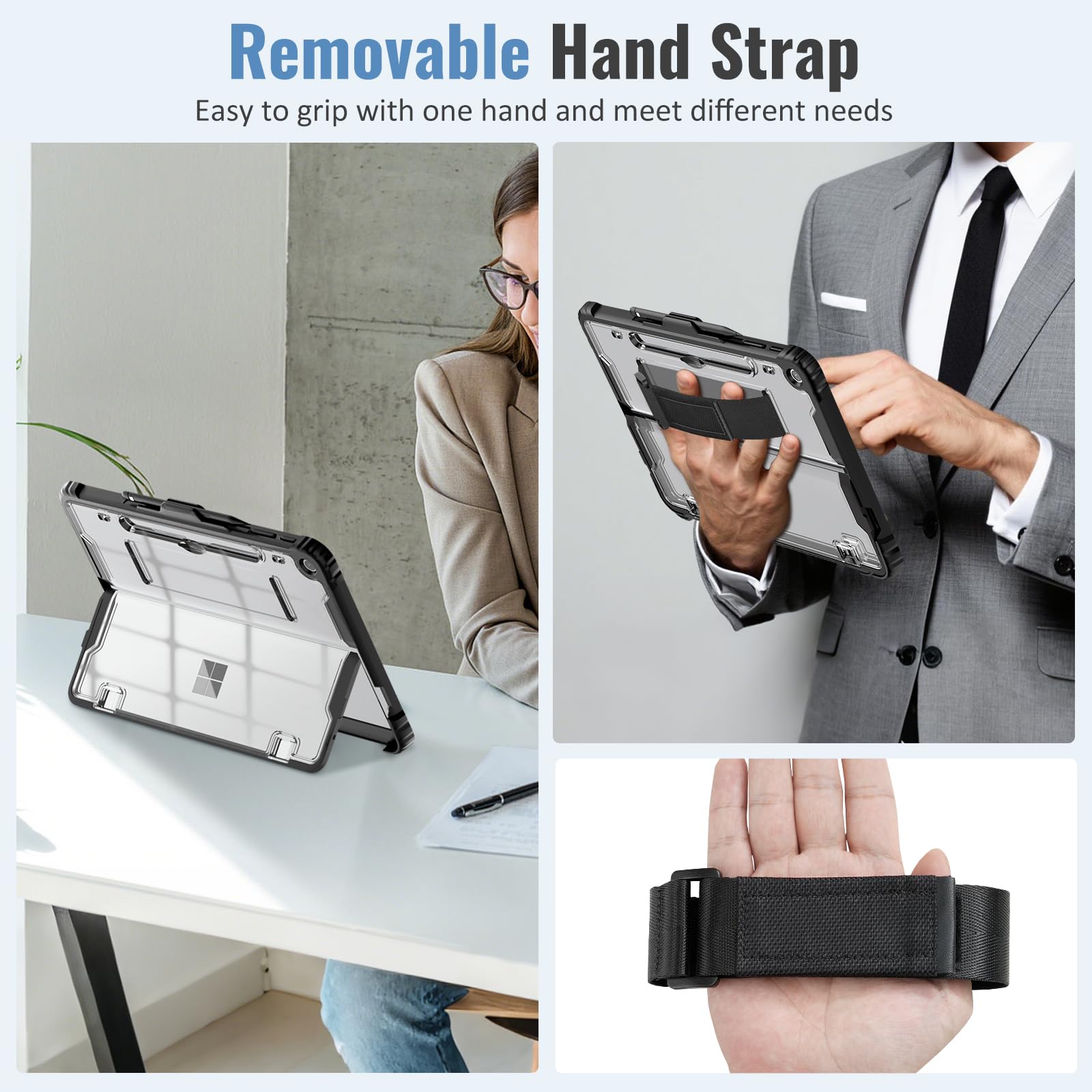 TiMOVO Case for Microsoft Surface Pro 12 Inch 2025 with Pen Holder, Rugged Clear Back Protective Cover with Removable Hand Strap, Compatible with Type Cover Keyboard, Black