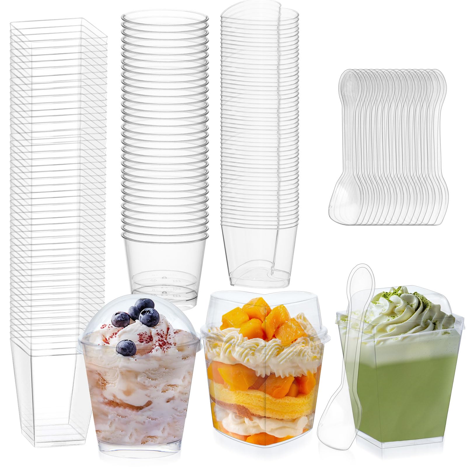 CALBODE 360 Pack 5oz 6oz Dessert Cups with Lids and Spoons, 3 Styles Clear Plastic Appetizer Cups Disposable Party Mini Parfait Cups for Serving Fruit Trifle Mousse Ice Cream and Pudding Dessert Cups