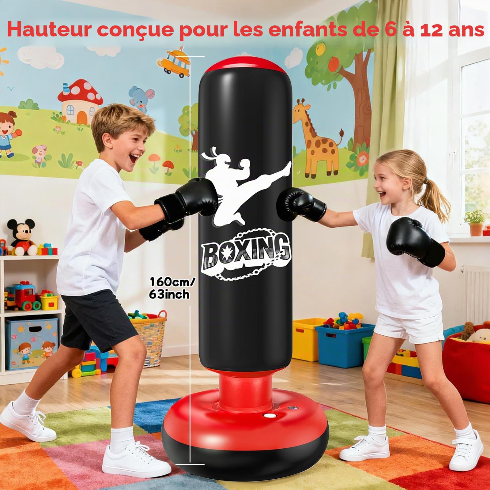 Qoosea Sac de Boxe Enfants 160cm Gonflable Sac de Frappe sur Pied Set de Formation avec Gants Karaté Taekwondo