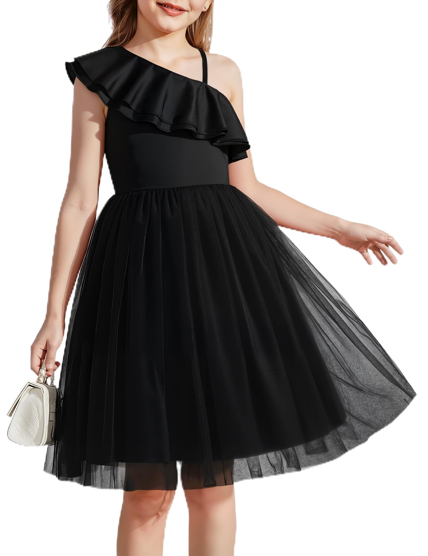 Arshiner Robes pour Filles sans Manches Enfants Encolure Asymétrique Tulle à Fines Bretelles Volants Robe de Cérémonie