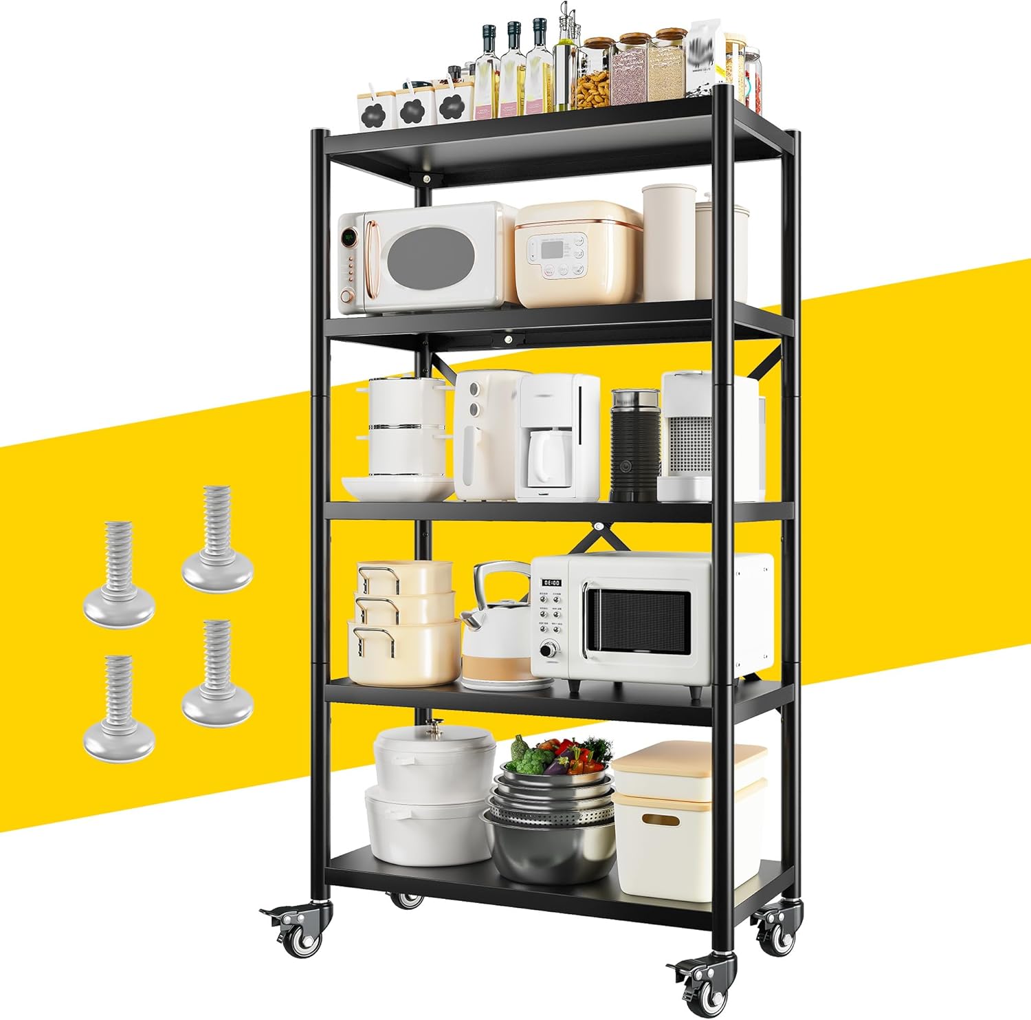 REIBII Wire Shelving Unit with Wheels, Adjustable 5 Tier Heavy Duty Metal Shelving for Kitchen Pantry and Laundry, 0.5mm Thickened Pipe Diameter, 23.6″ W X 15.7″ D X 65.4″ H, Black