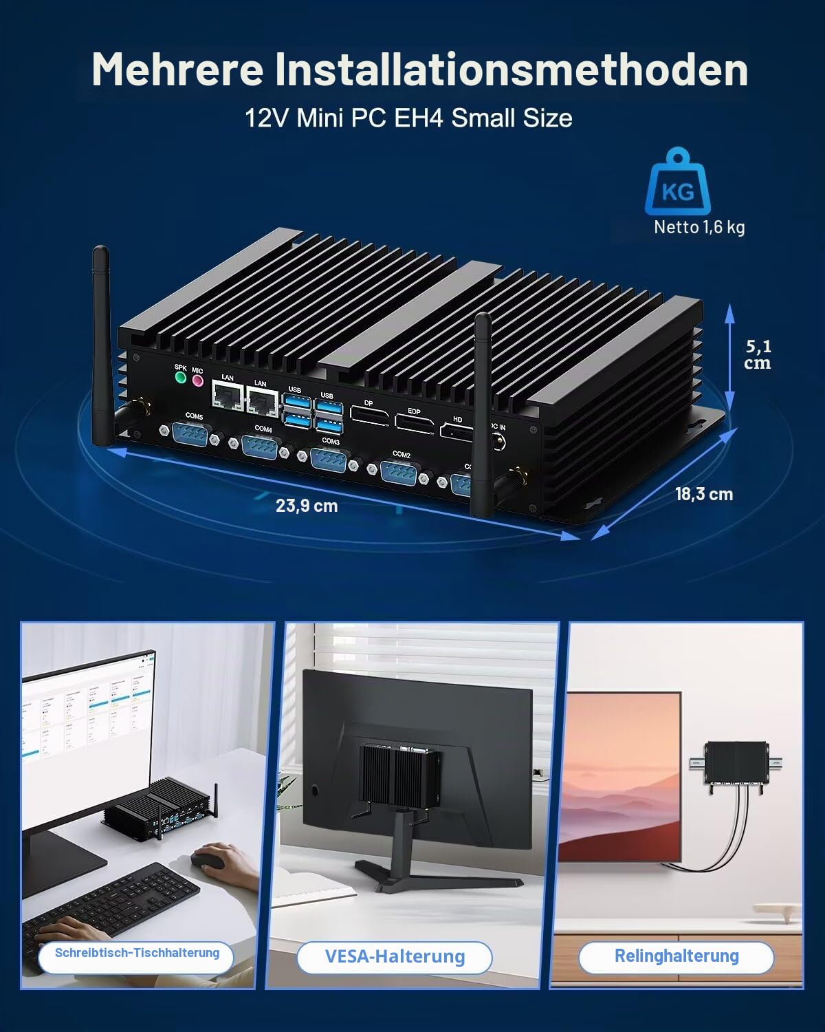 WEIDIAN Industrie PC Lüfterloser i5-8250U Fanless Mini PC Win 11, 8GB RAM 256GB SSD Lüfterlos PC Support Linux 6xCOM(RS232/485) 4K 3xDisplays(HD+DP+EDP) 2LAN 8USB LPT WiFi5&BT Business Industrial