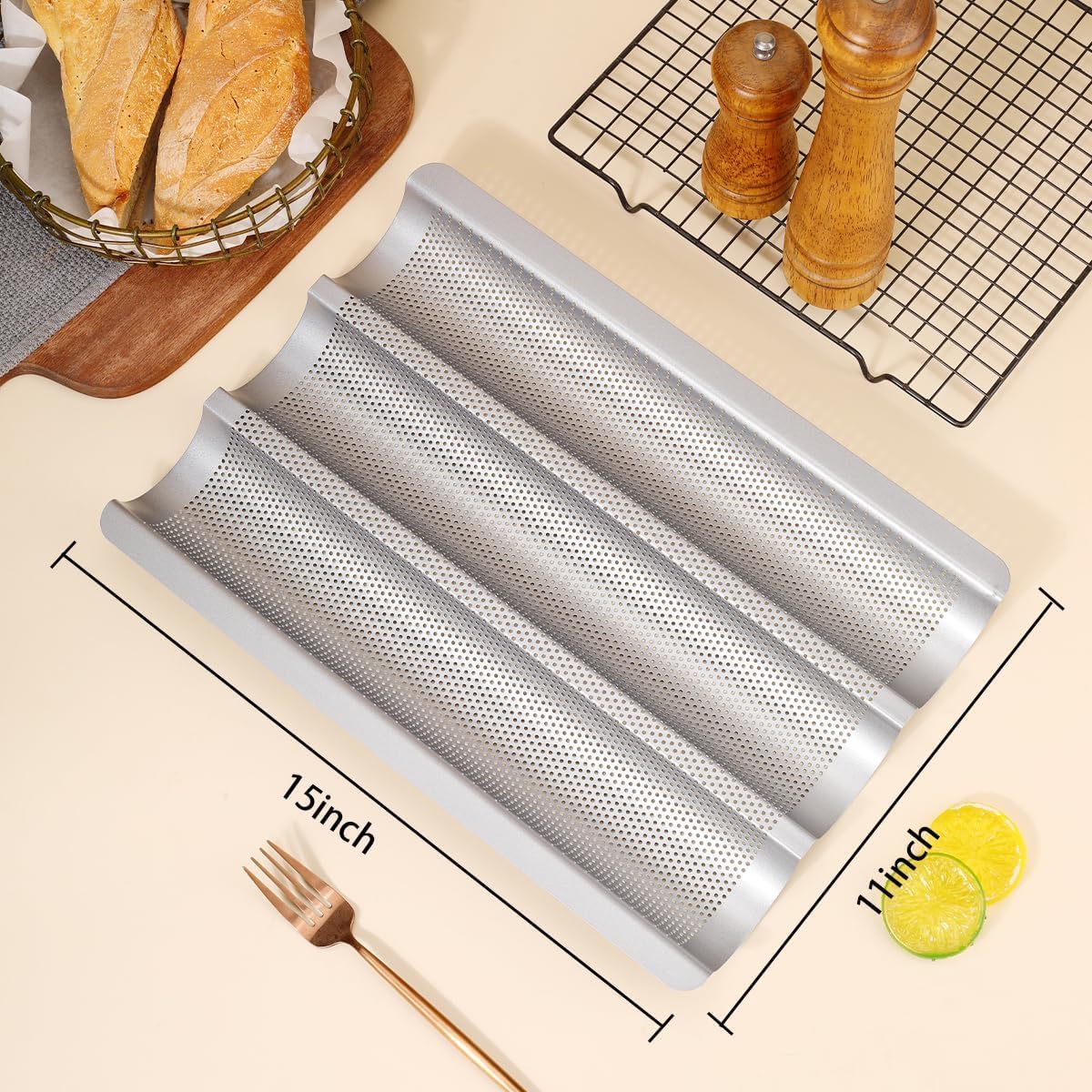 Moldes para baguette para hornear de 15 x 11 pulgadas, bandeja antiadherente de acero al carbono para pan francés e italiano perforado francés (2 unidades, plateado)