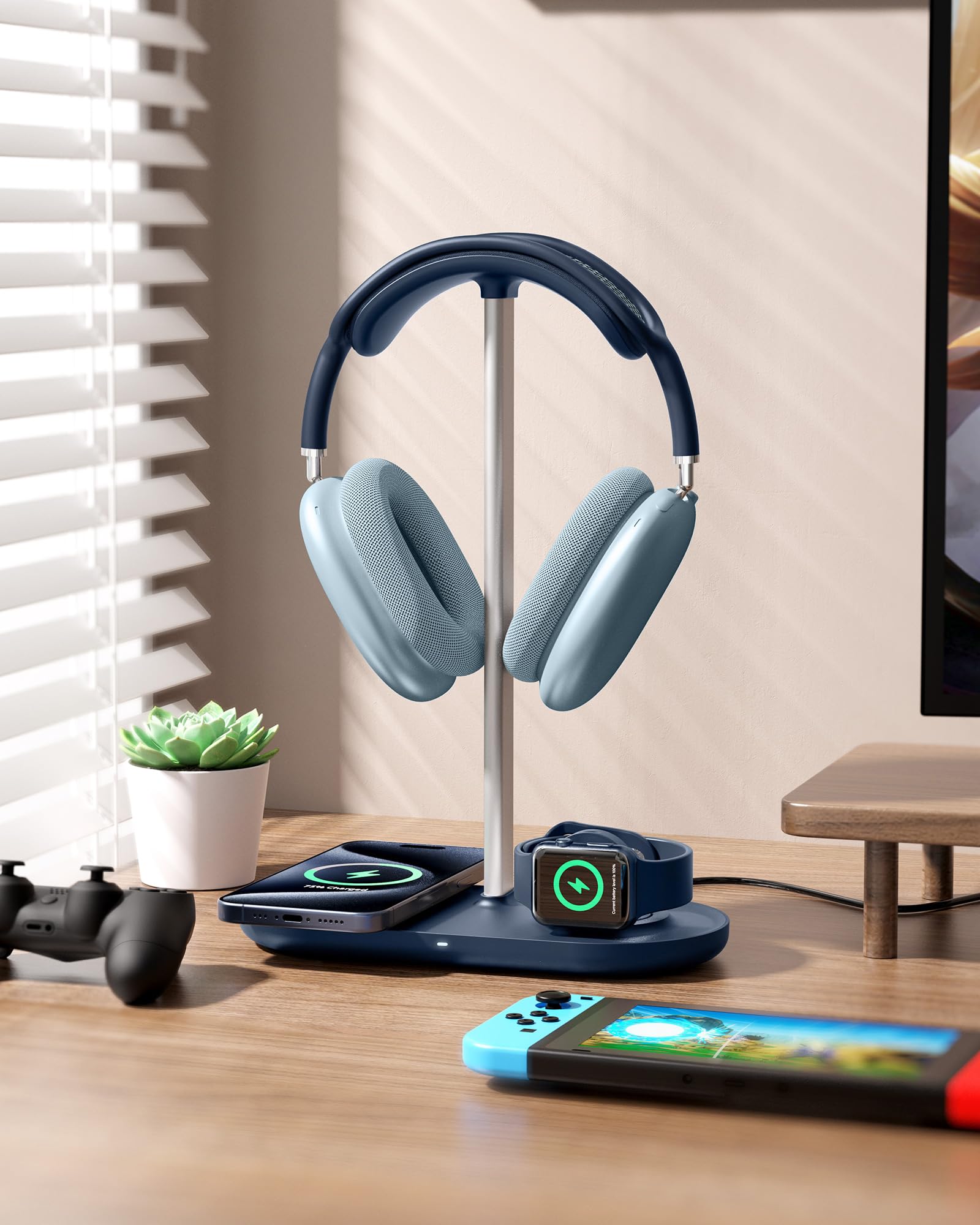 HiWe Soporte para auriculares 3 en 1, soporte universal para auriculares de escritorio con cargador inalámbrico para teléfonos/AirPods/iWatch, varilla de aleación de aluminio, almohadilla de cuero