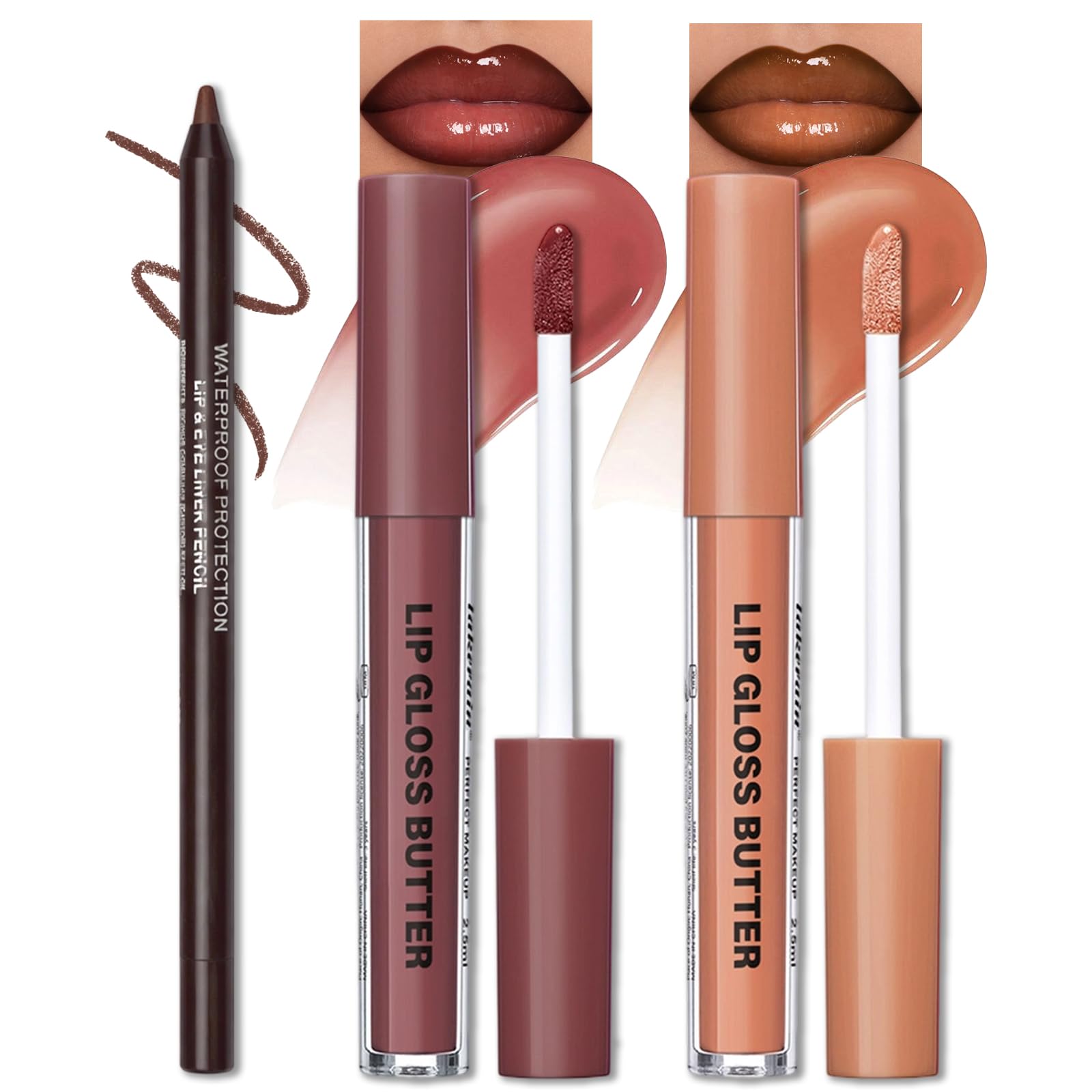 Erinde Lip Liner and Gloss Set 2 Colors Nourishing Lip Gloss Brown Lip Liner Combo Sets Non-Sticky Plumping