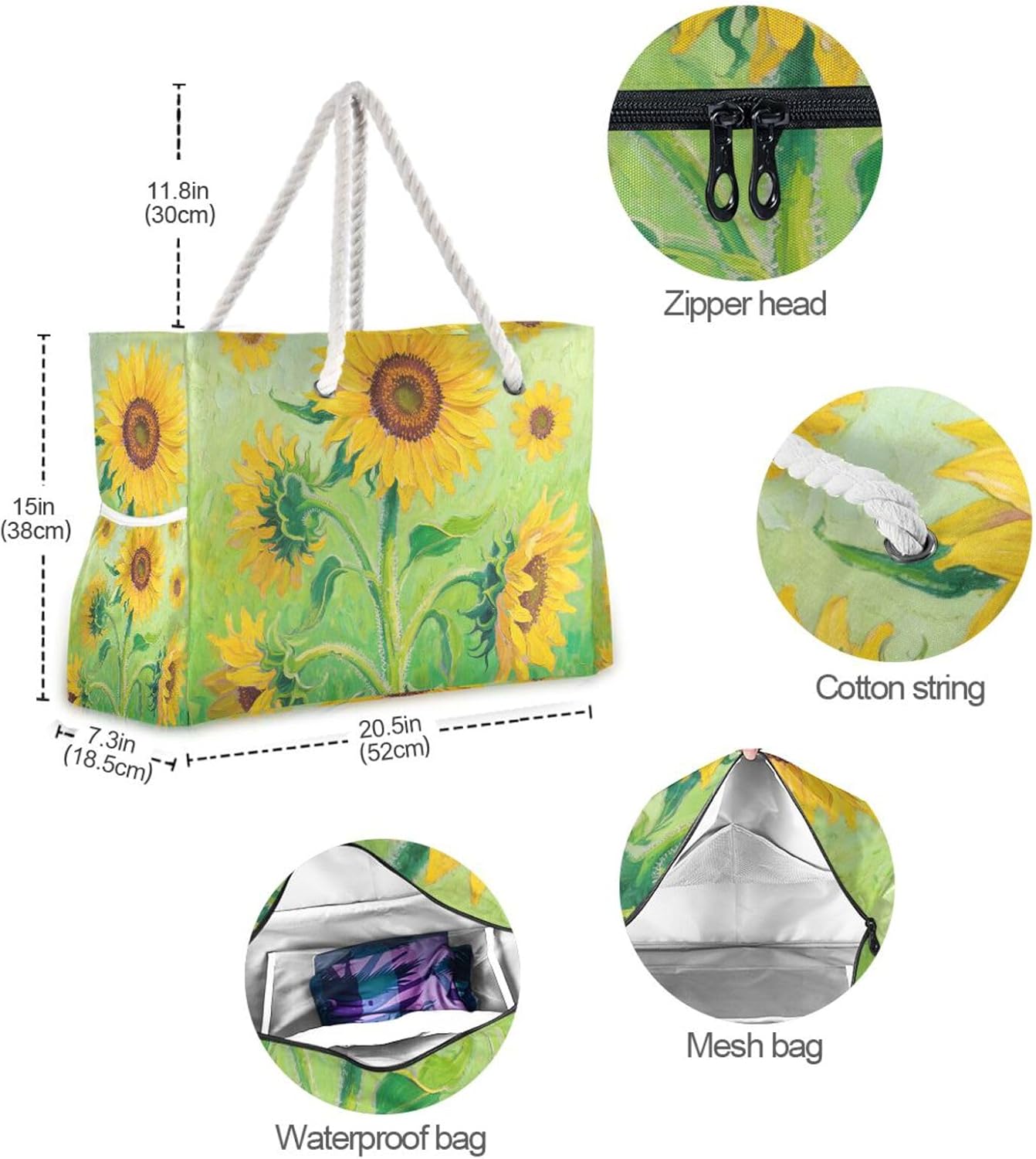 OTVEE Oil Painting Sunflower Pattern Beach Bags for Women Ladies Large Canvas Tote Shoulder Bag Waterproof Travel Bags for Gym Swim Pool Camping
