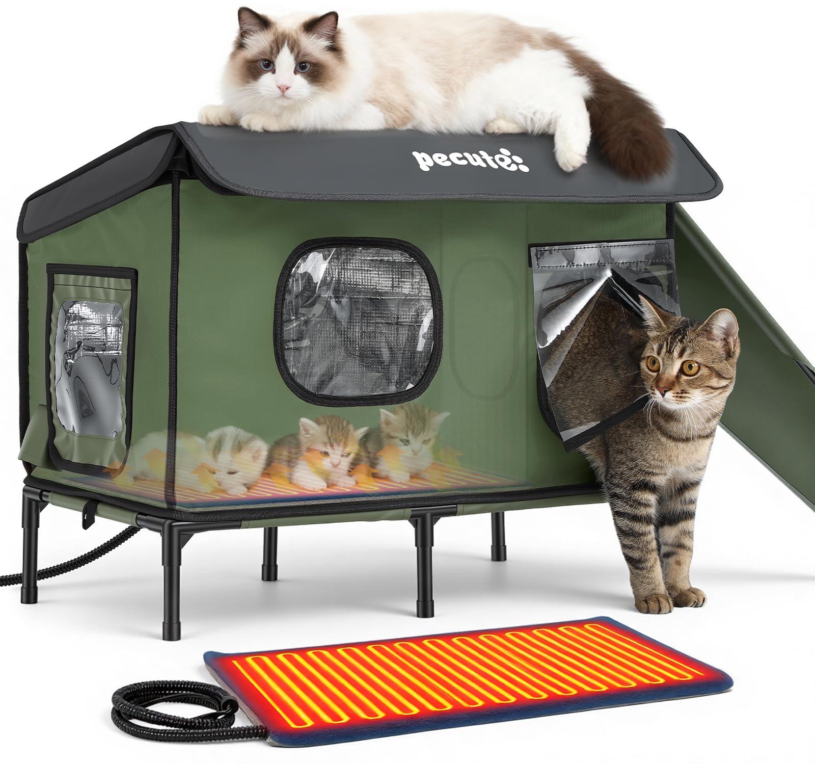 pecute Cuccia Gatto Esterno con Tappetino Riscaldante Mamma gatta, Casetta Gatto Esterno Impermeabile, Porta di Fuga Sicura, Robusto, Facile da Installare, Tettoia Laterale Estesa, Base Rialzata, L