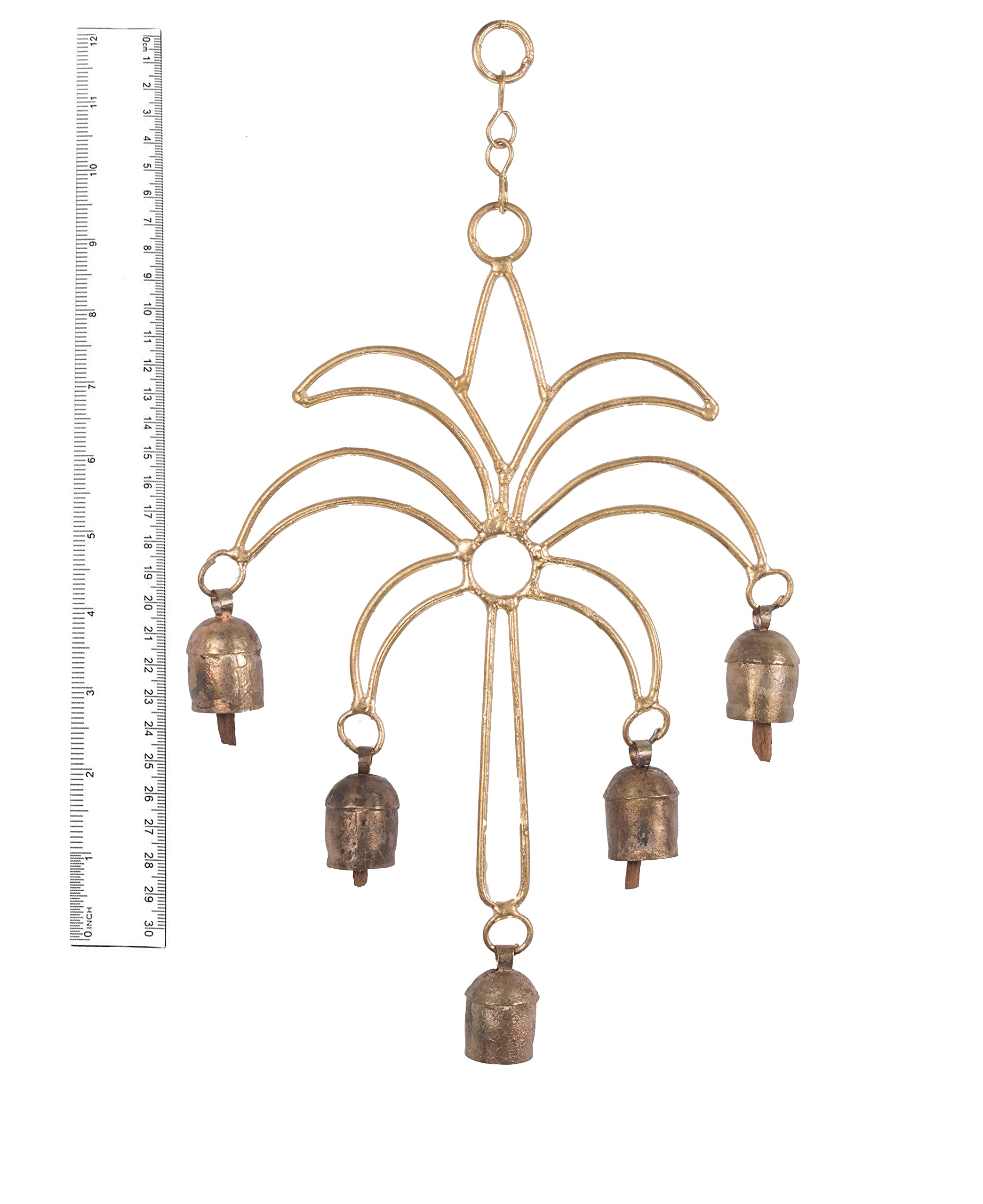 Ethnics of Kutch Hand Made Metal Bells Wrought Iron Copper-Zinc Coated Home Décor Chimes Cow Bell - Palm Tree - 5 Bells - 36 cms Length - (Colour - Copper - BEL-0049) - Image 4 thumbnail