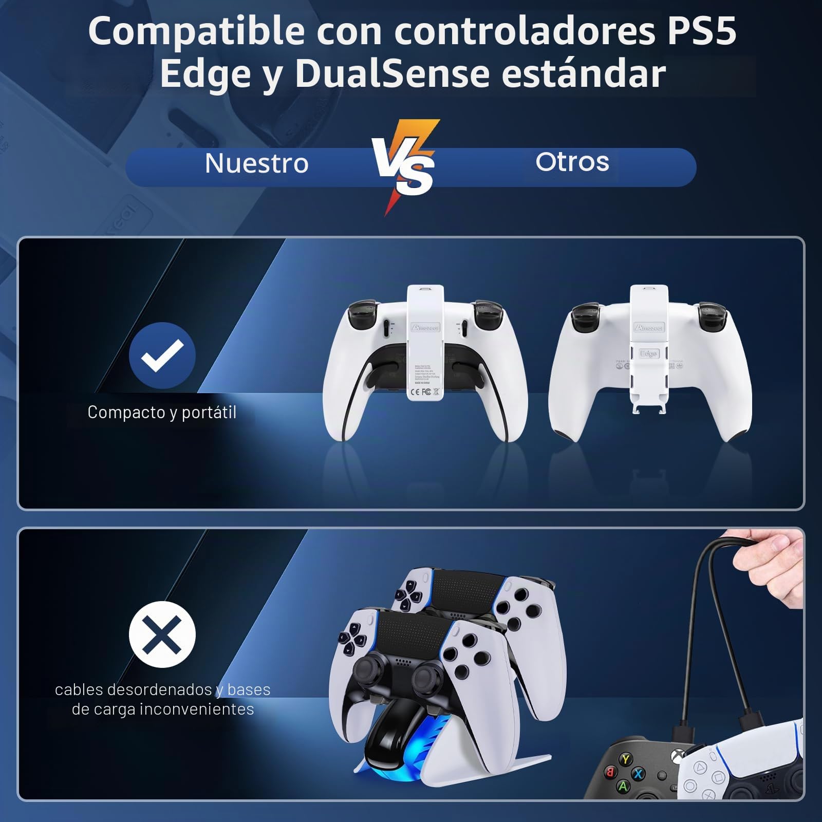 AMAZEAR Pack de batería para Mando PS5 DualSense, Accesorios PlayStation 5, 3000 mAh, Cargador rápido, batería Adicional portátil Recargable para PS5 Edge o Controlador de Juego estándar (Blanco)