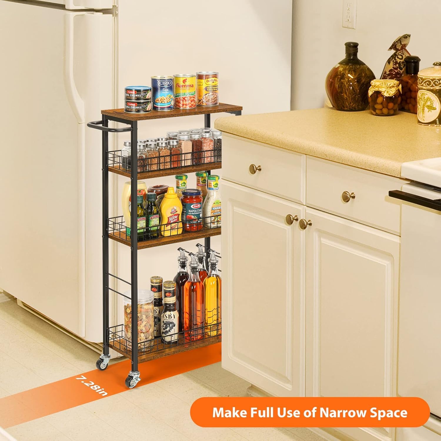 CADUKE Carrito de Almacenamiento Delgado de 4 Niveles, Carrito de Cocina Estrecho con Ruedas, Carrito de Servicio con Mesa de Madera, Unidad de estantería móvil, Organizador de Almacenamiento