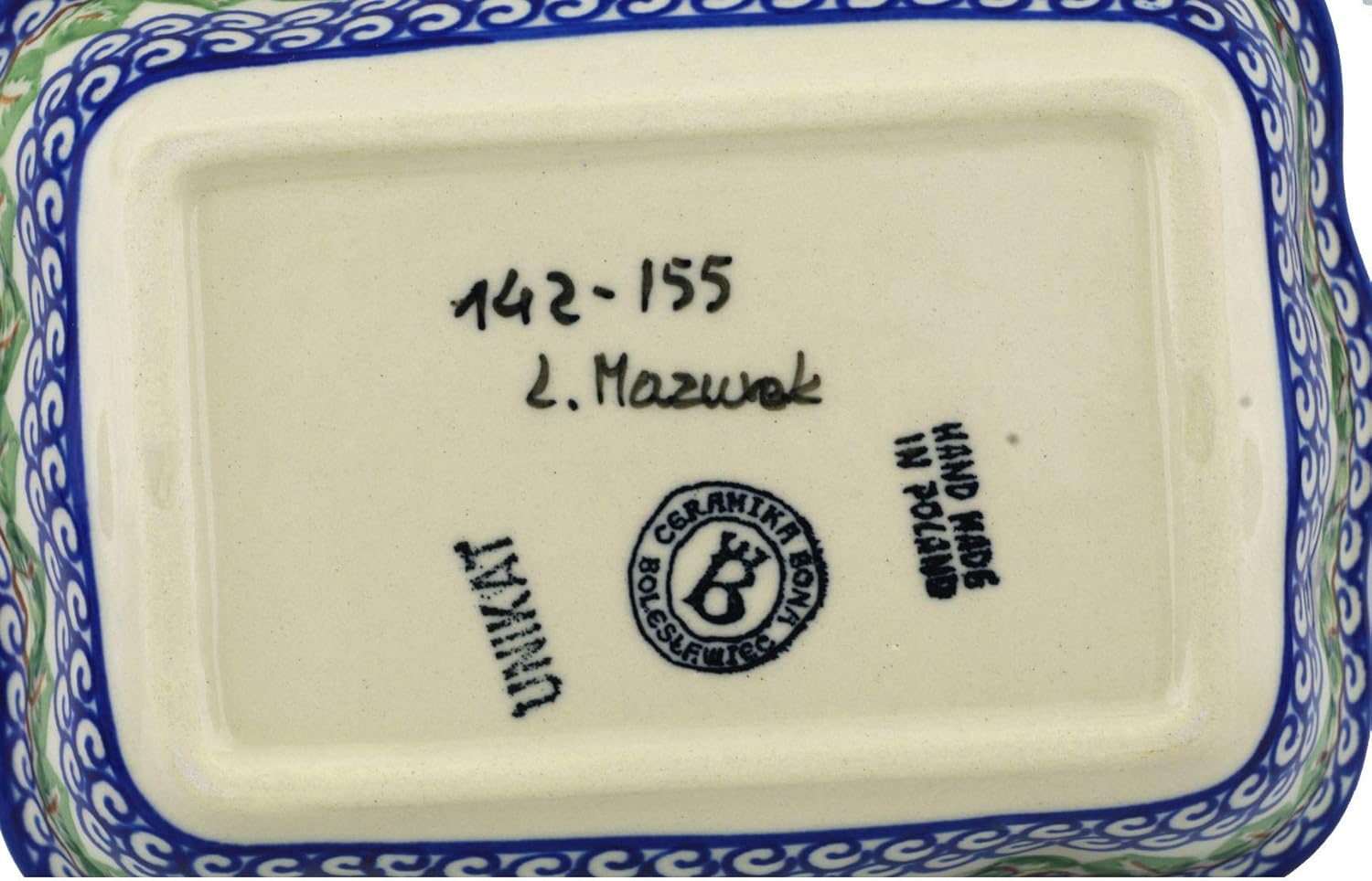 Polmedia Polish Pottery Rectangular Baker - Blue Pansy Pattern Handmade in Boleslawiec Poland by Ceramika Bona + Certificate of Authenticity