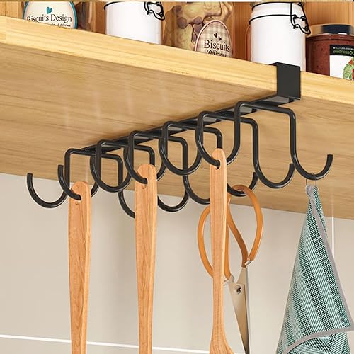 Soporte de metal para utensilios de cocina, ganchos de fila debajo del gabinete, organizador de estante para despensa (negro, doble fila, 12 ganchos)