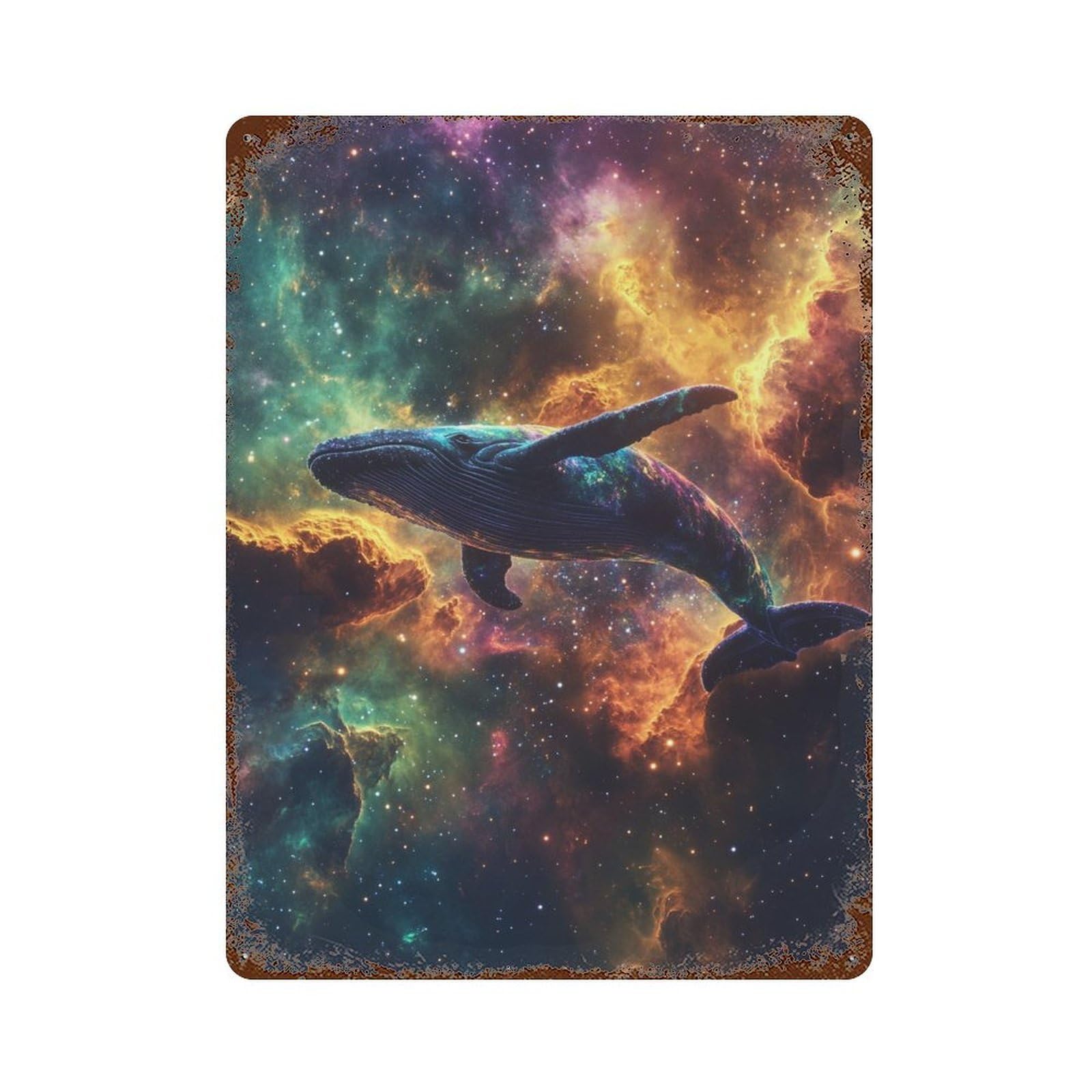 Rust Effect Whale in Space Wallpaper-8 Aged Metal Wall Plaque 15.7"x11.8", Old School Wall Decor for Patio, Garden Room And Bar Decor