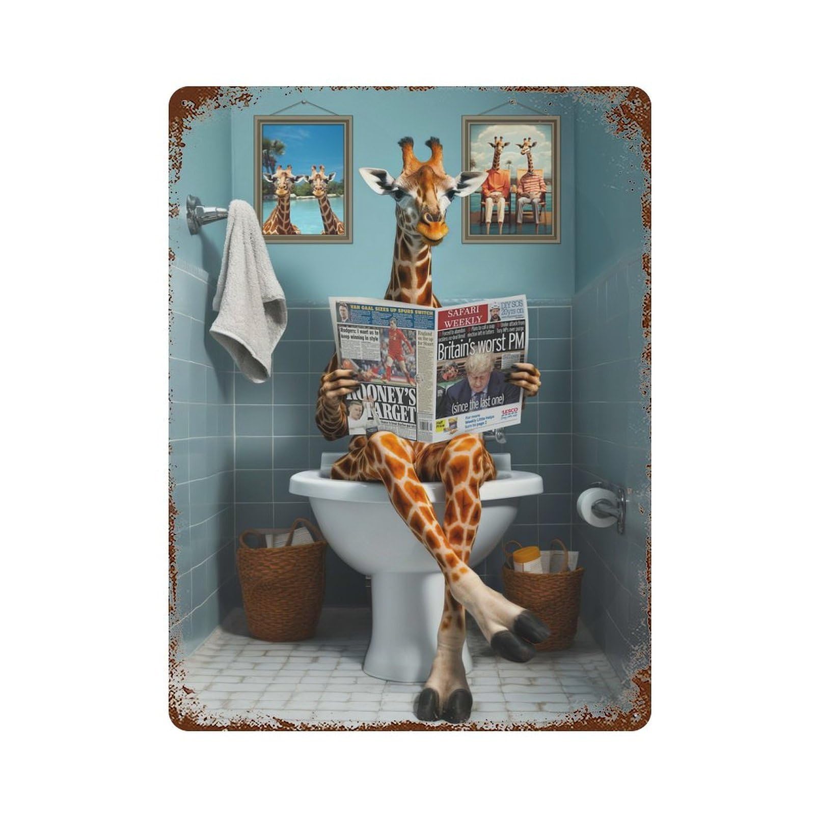 Funny Giraffe Using Toilet Rust Effect Tin Sign 15.7"x11.8", Ideal for Farmhouse, Kitchen And Entryway Decor