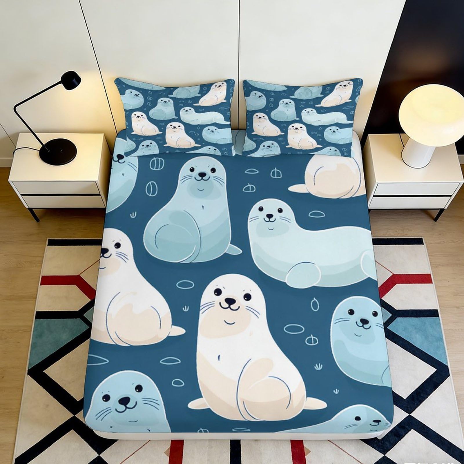 3D Printed playful seal pattern Fitted Sheet, soft touch Microfiber, wrinkle resistant, apartment bedding, decor for bedroom, guest rooms, dustproof 90x200x25cm