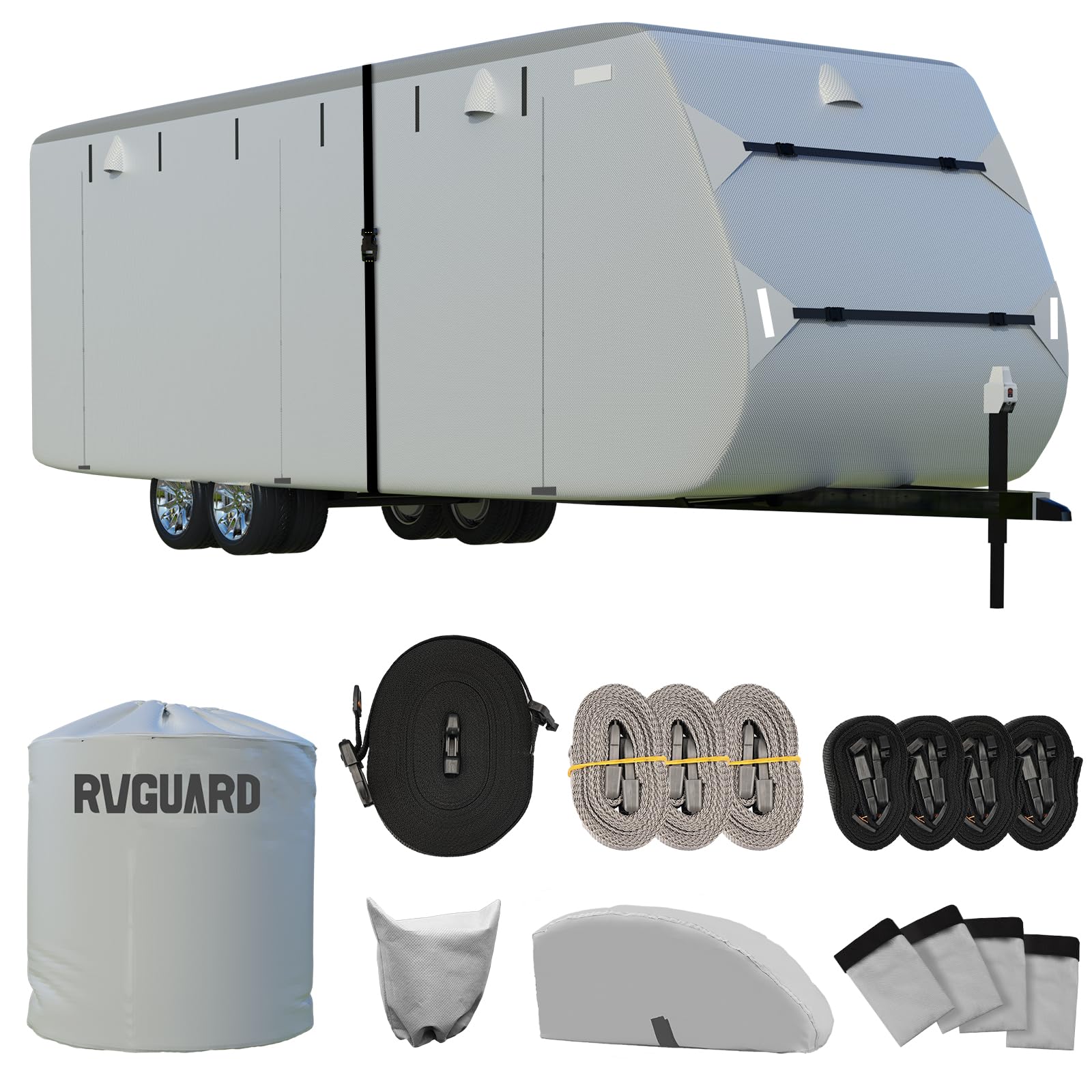 RVGUARD RV Cover, Travel Trailer Cover fits for 18' - 20' RV, 6 Layers Anti-UV Waterproof Camper Cover, with Tongue Jack Cover and Storage Bag, Grey