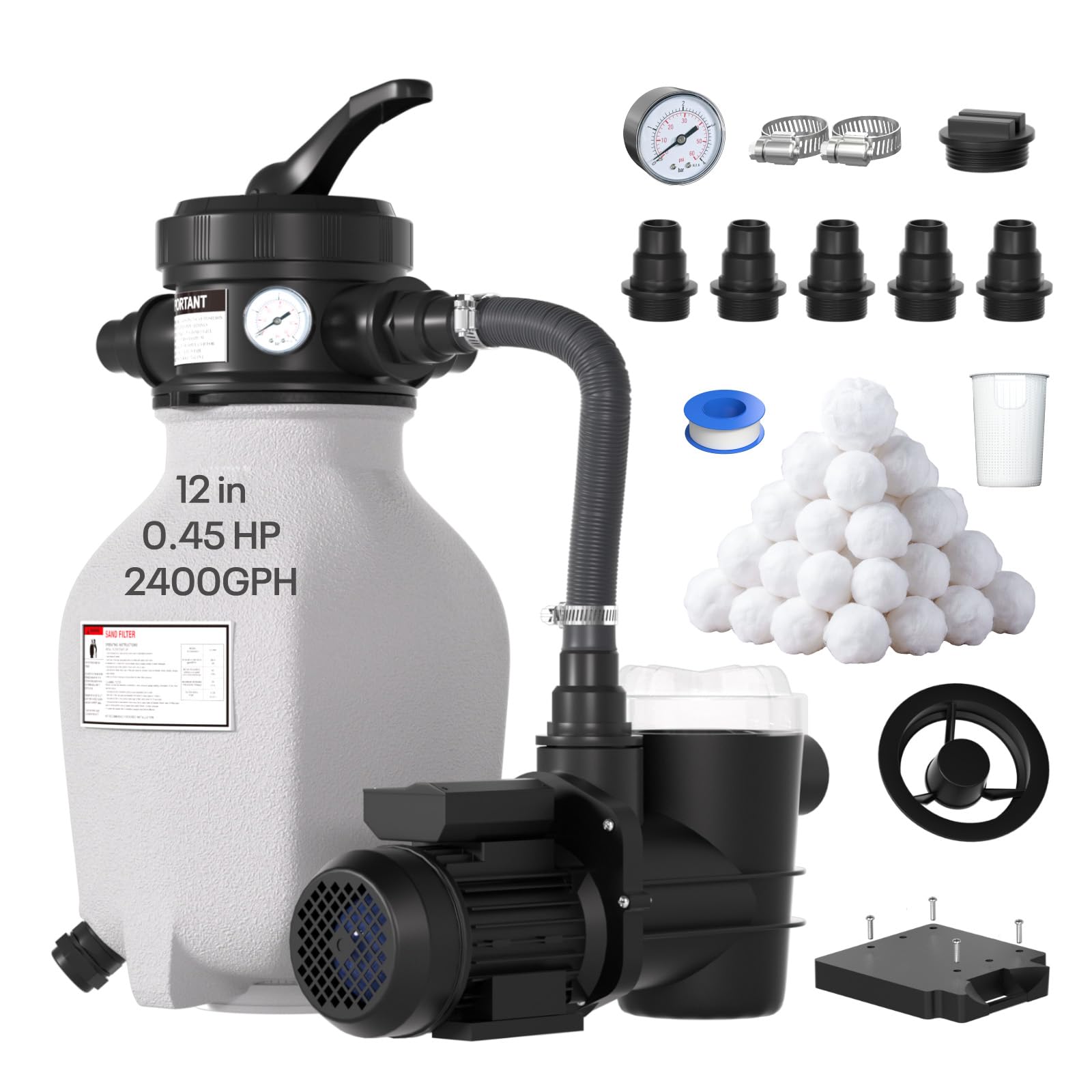 12" Sand Filter System with 0.45 HP, 2400 GPH Pool Pumps, 7-Way Valve