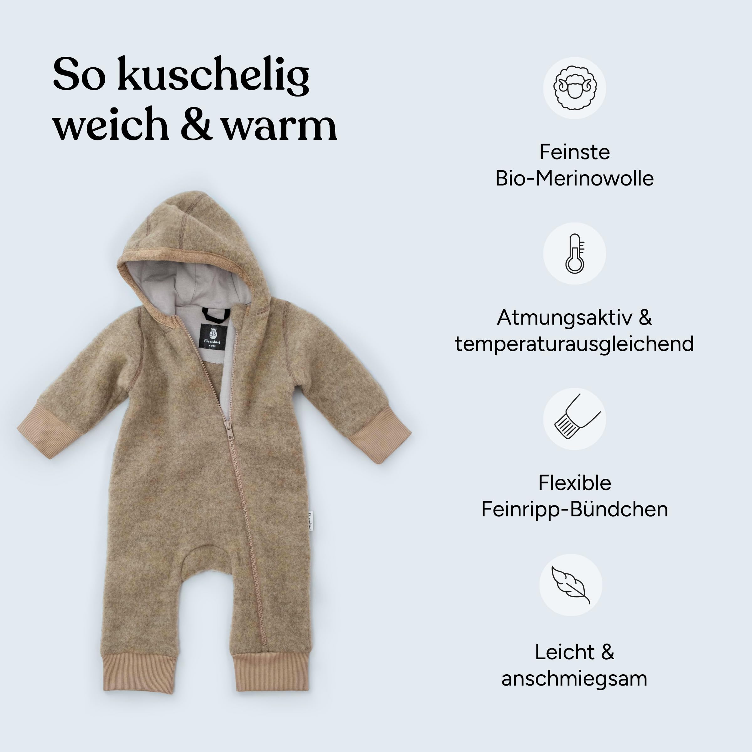 Ehrenkind® Fleeceoverall aus 100% Bio-Merinowolle, Atmungsaktiv & temperaturausgleichend, Wollfleece, Baby Overall mit Kapuze